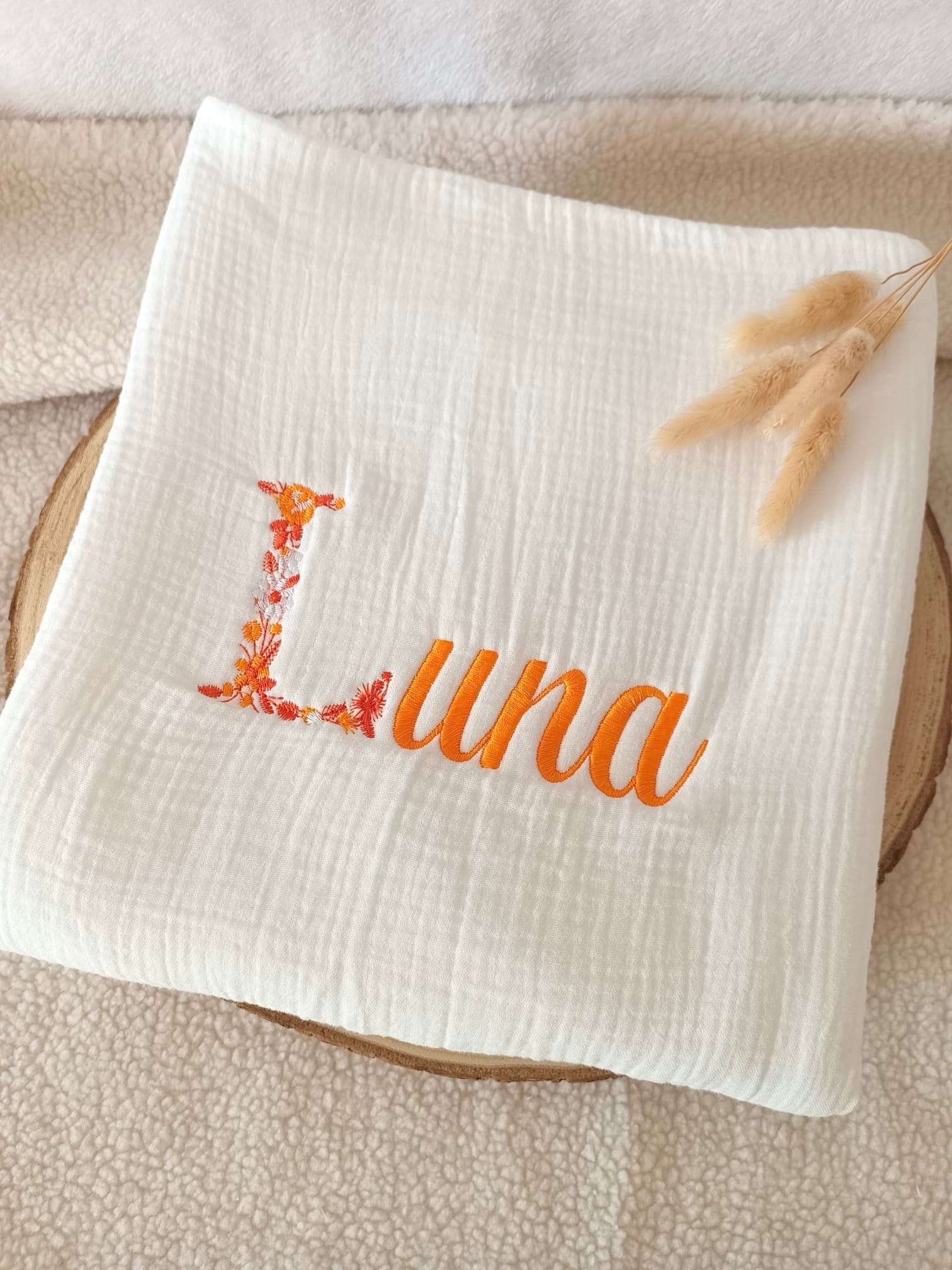 Couverture en gaze de coton et polaire blanc - personnalisable -
