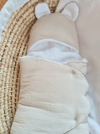 Combinaison / Nid d’ange en gaze de coton beige et polaire blanc 0/3 mois - personnalisable -