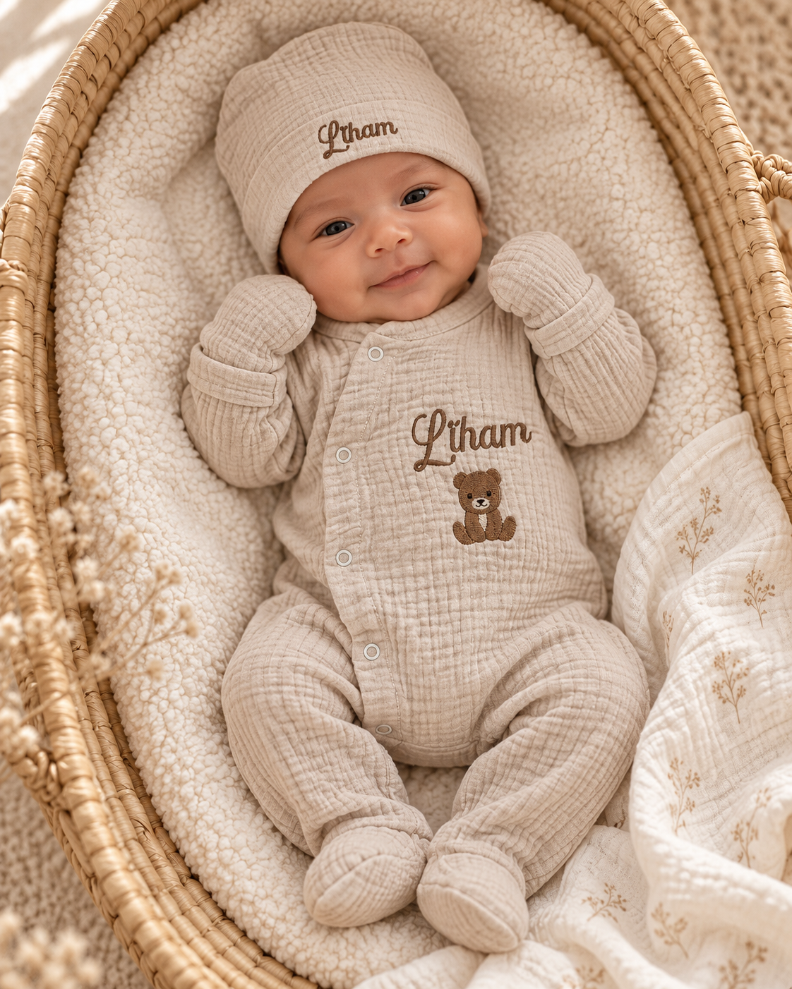 Pyjama naissance personnalisé bébé – 3 pièces en gaze de coton