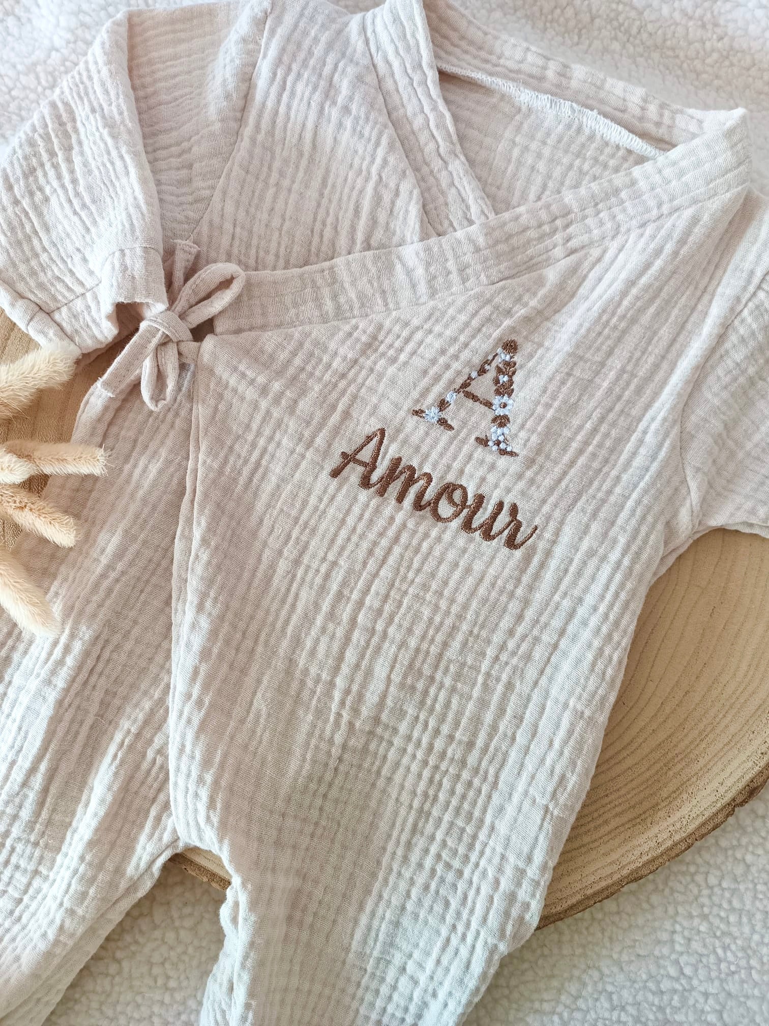 Pyjama cache cœur beige 100% coton