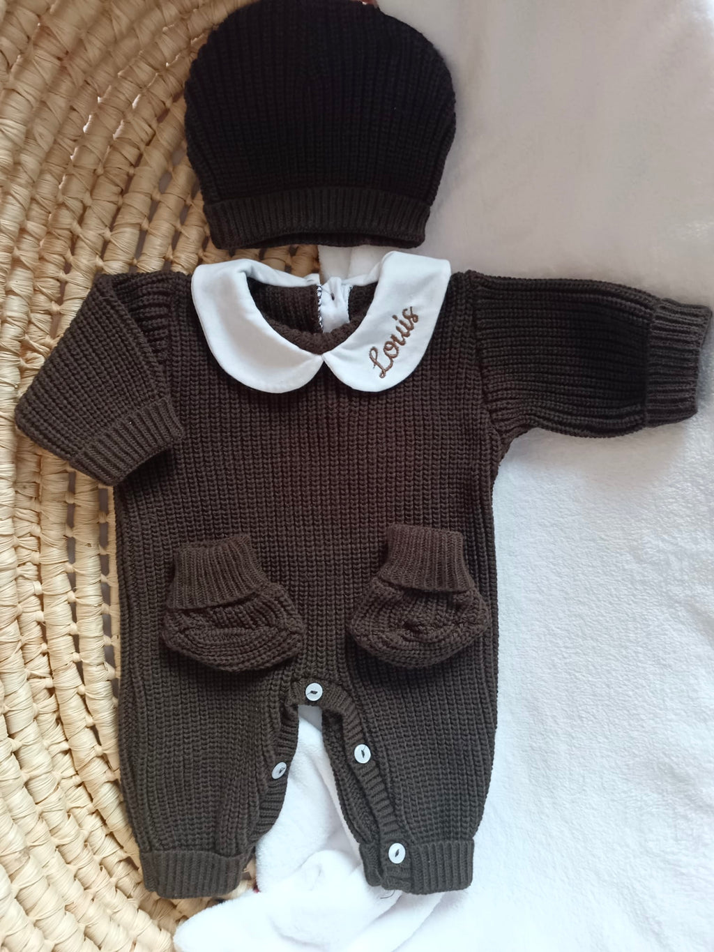 Combinaison maille marron avec col blanc - 0/3 mois - personnalisable