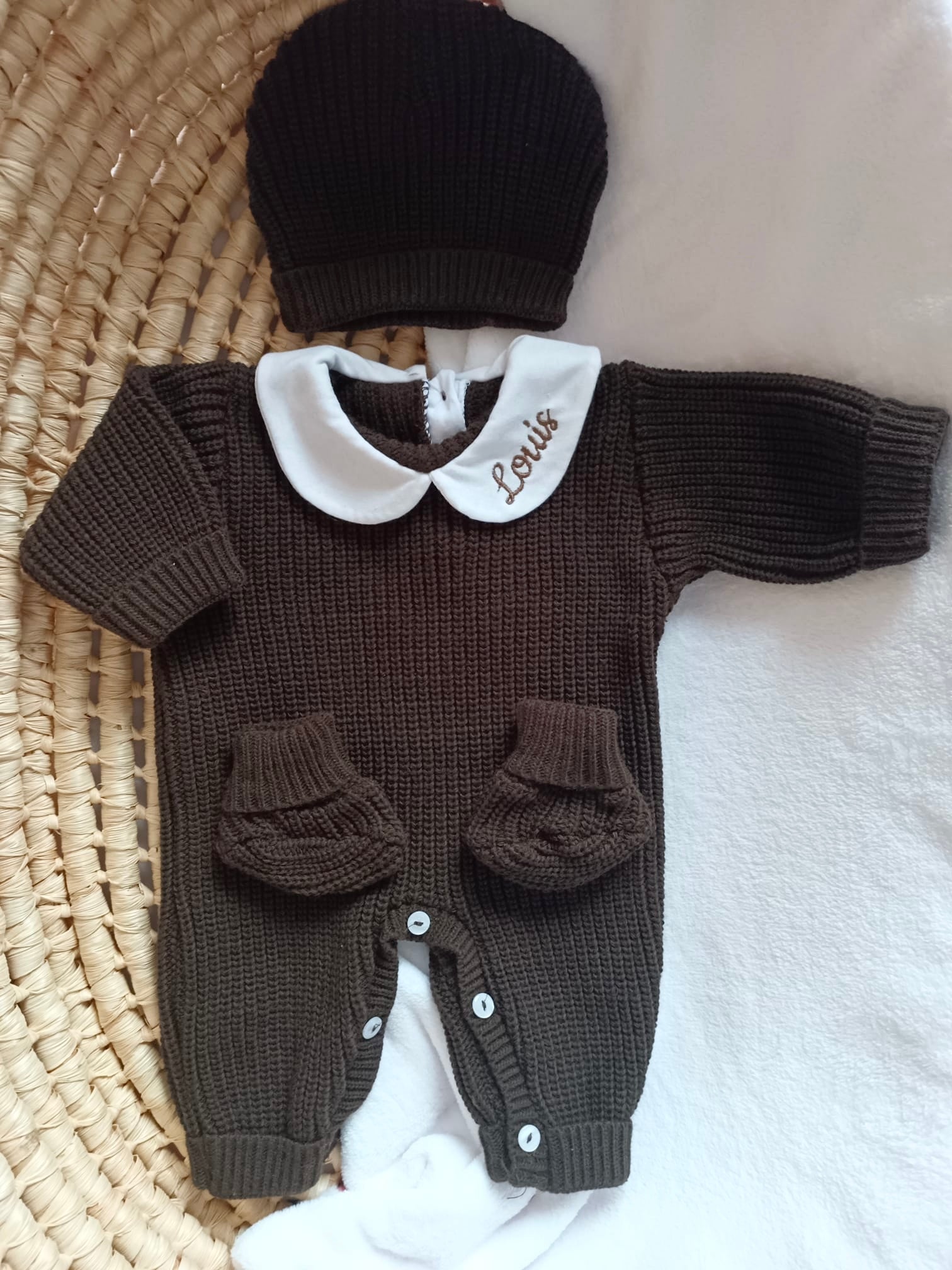 Combinaison maille marron avec col blanc - 0/3 mois - personnalisable