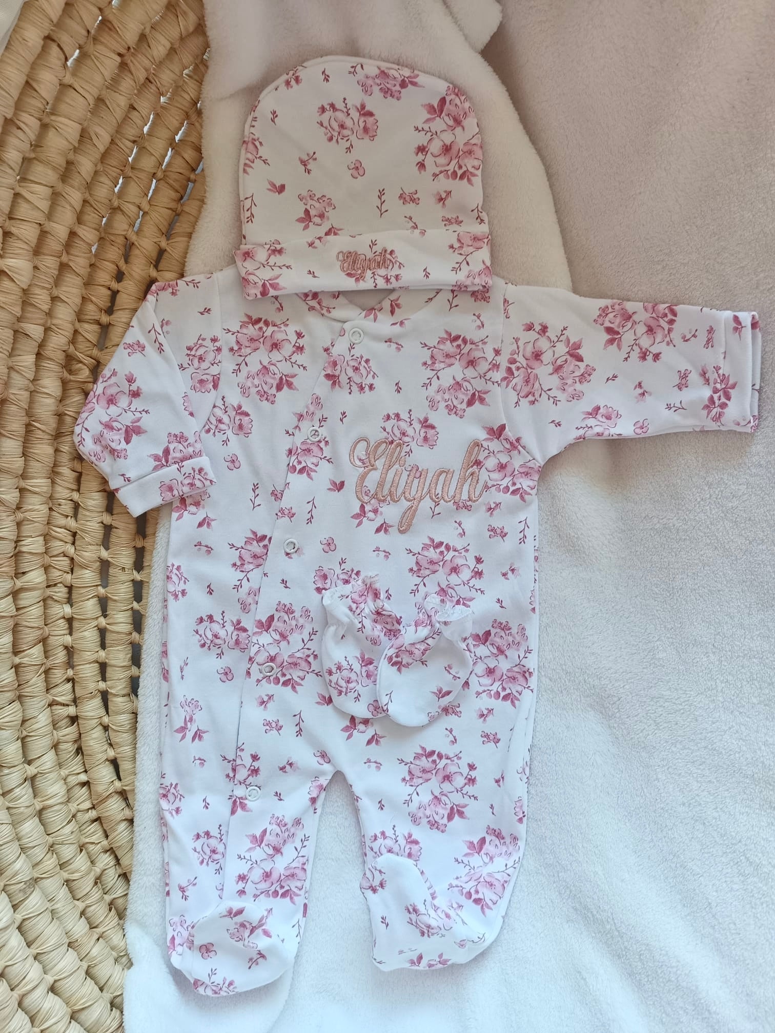 Personalized newborn pajama set – 3 pieces, 100% cotton, Cotton Flowers