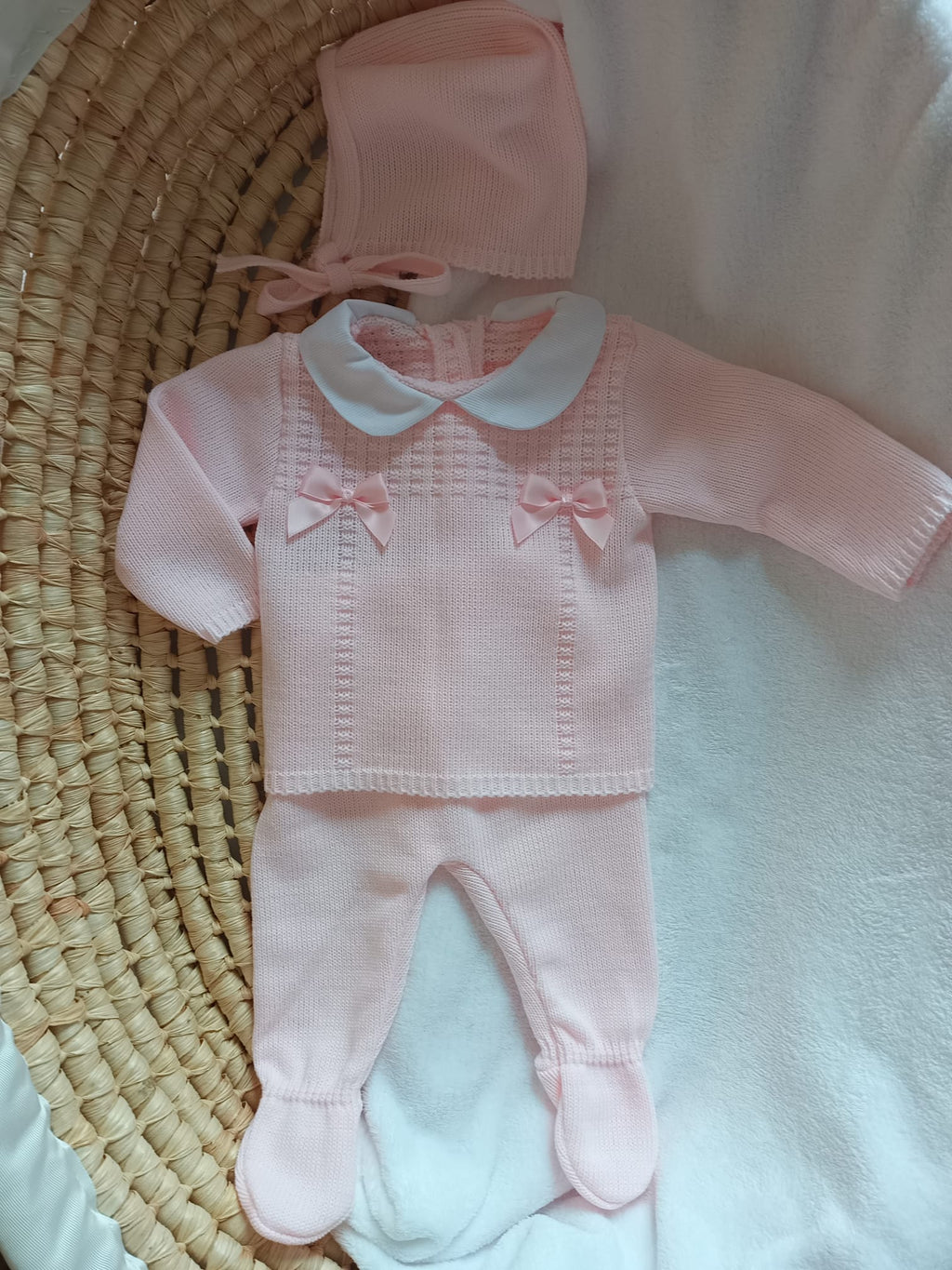 Ensemble complet rose avec 2 nœuds satiné rose 0/3 mois