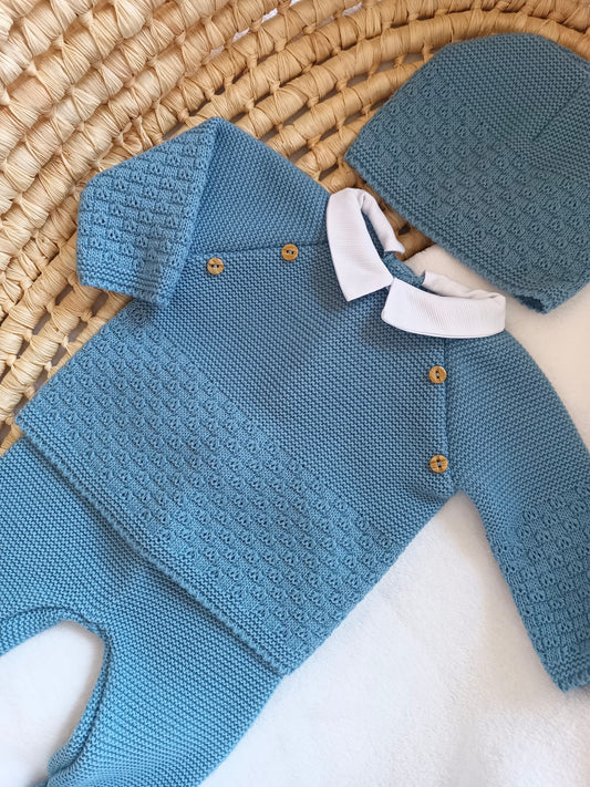 Ensemble complet naissance bleu denim 0/3 mois avec boutons bois