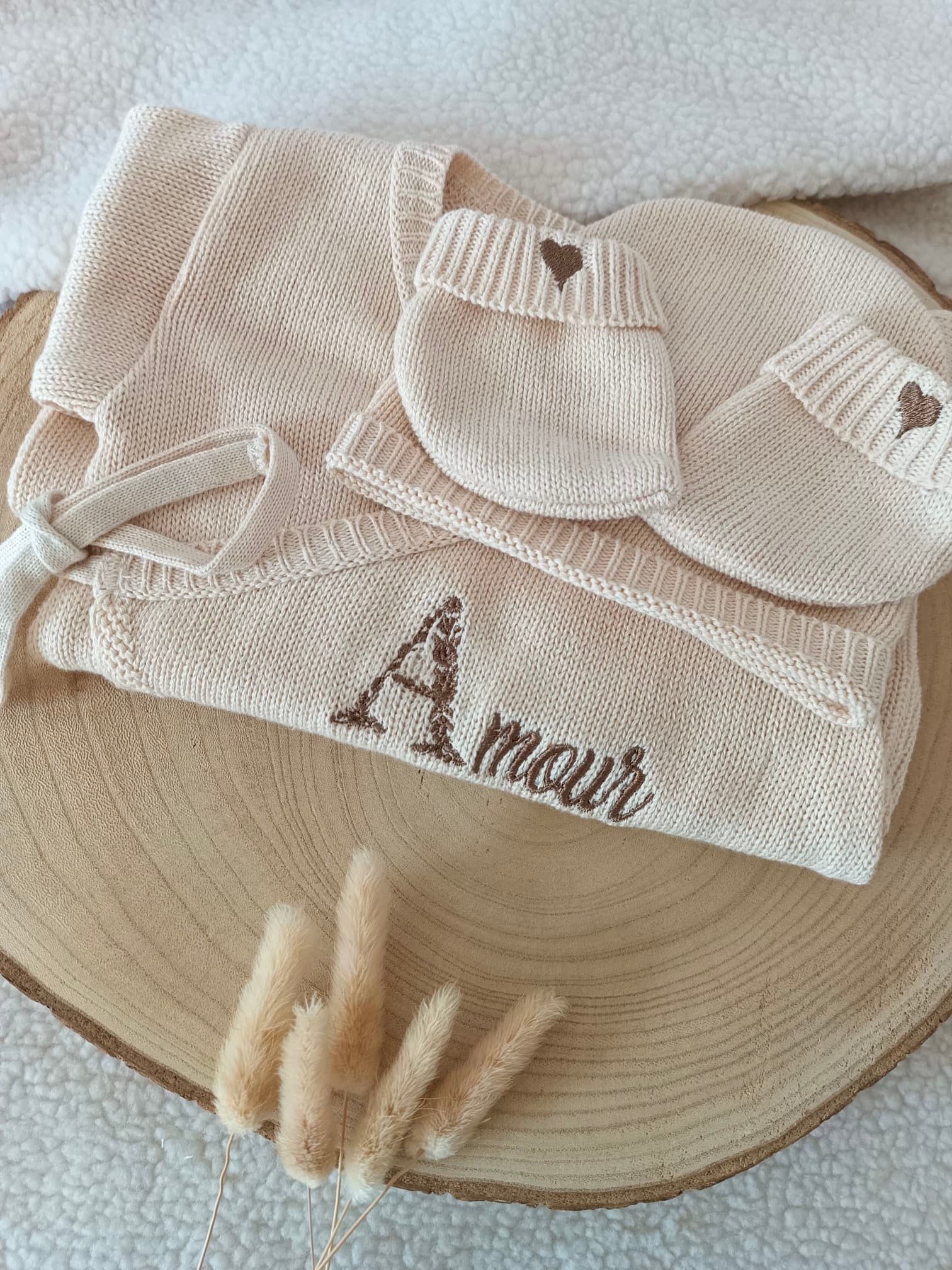 Combinaison beige 100% coton, 3 pièces, 0/3 mois - personnalisable -