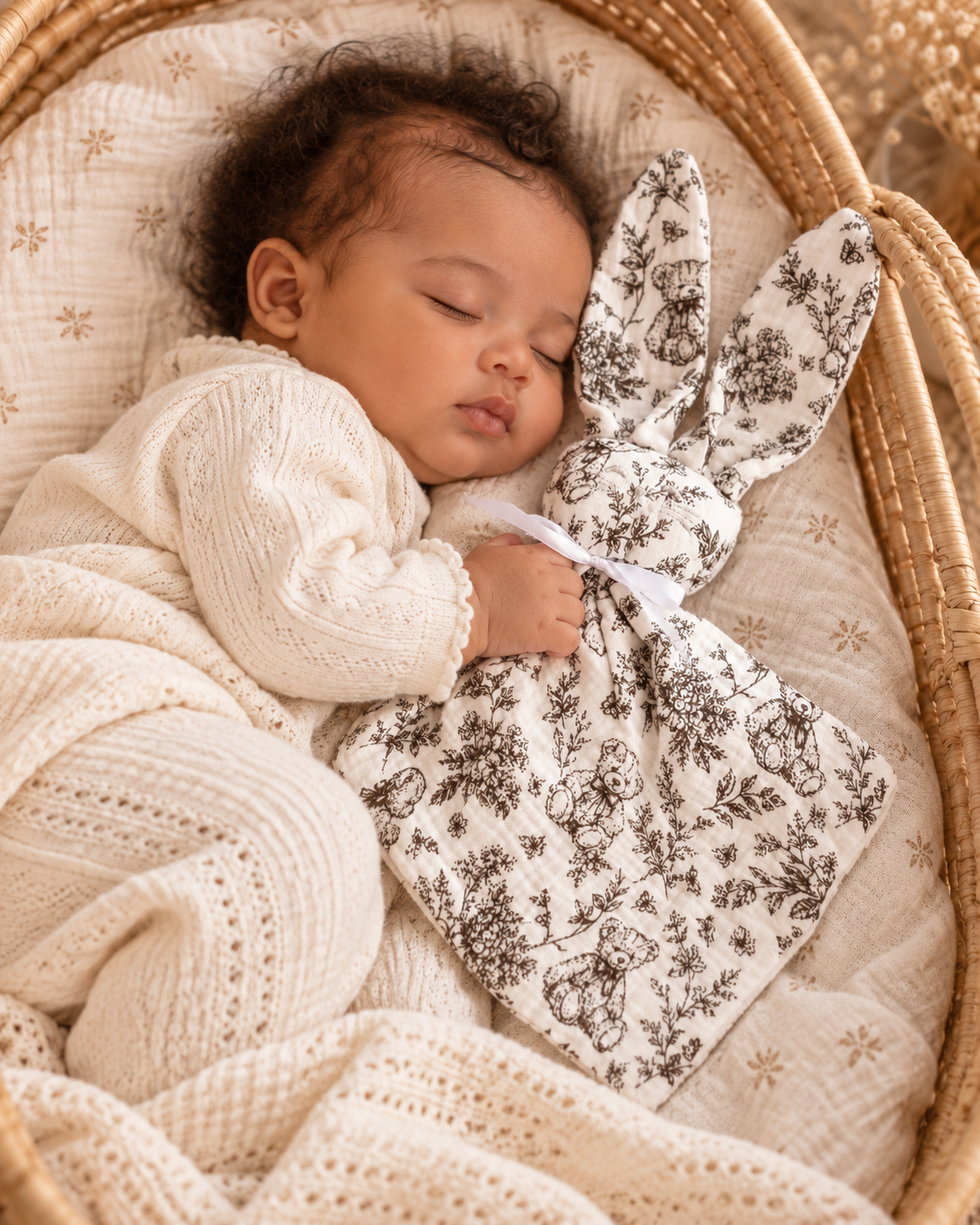 Doudou lapin personnalisé bébé en gaze de coton – Rêve d’Ourson