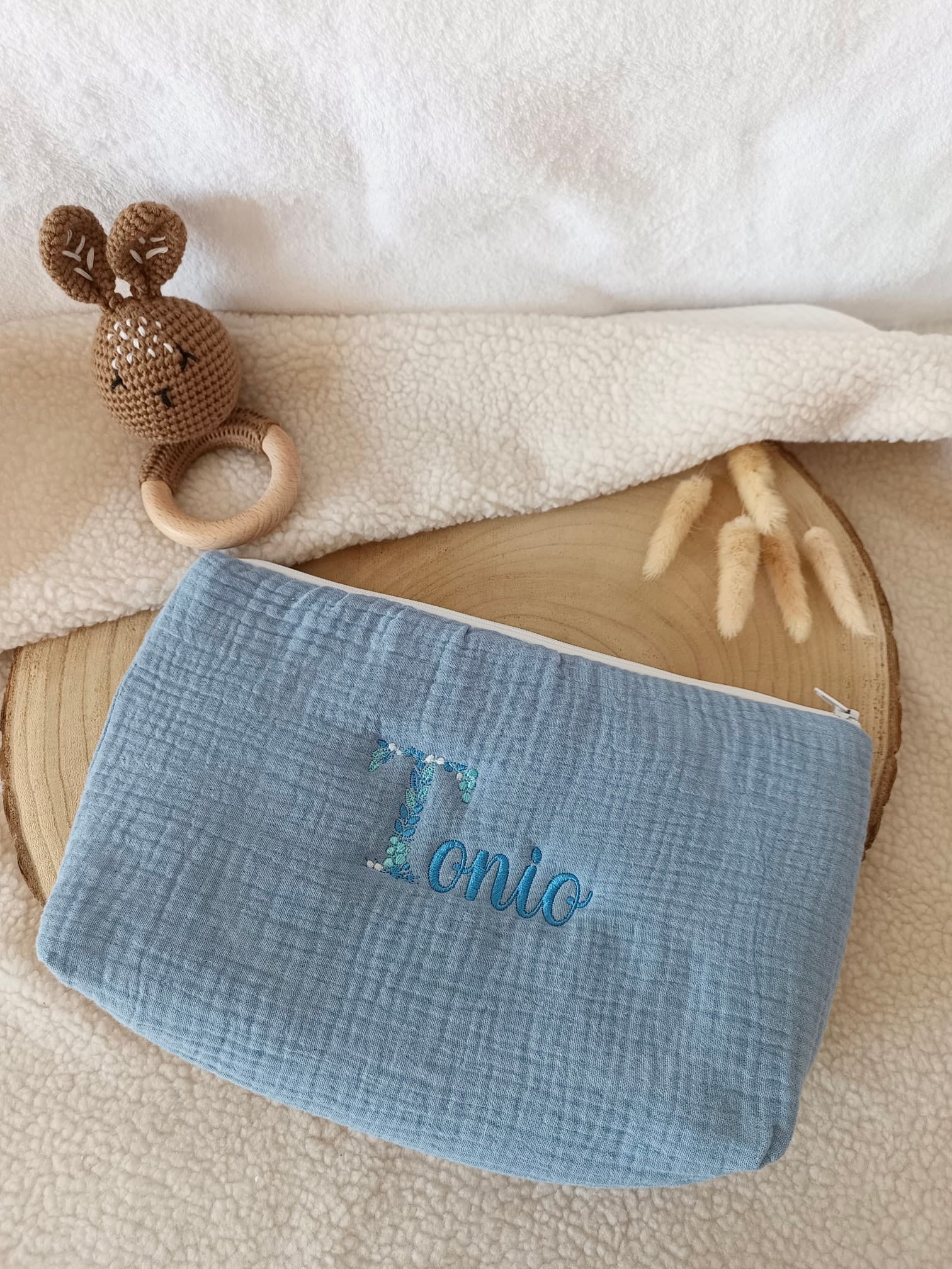 Trousse en gaze de coton bleu denim - personnalisable -