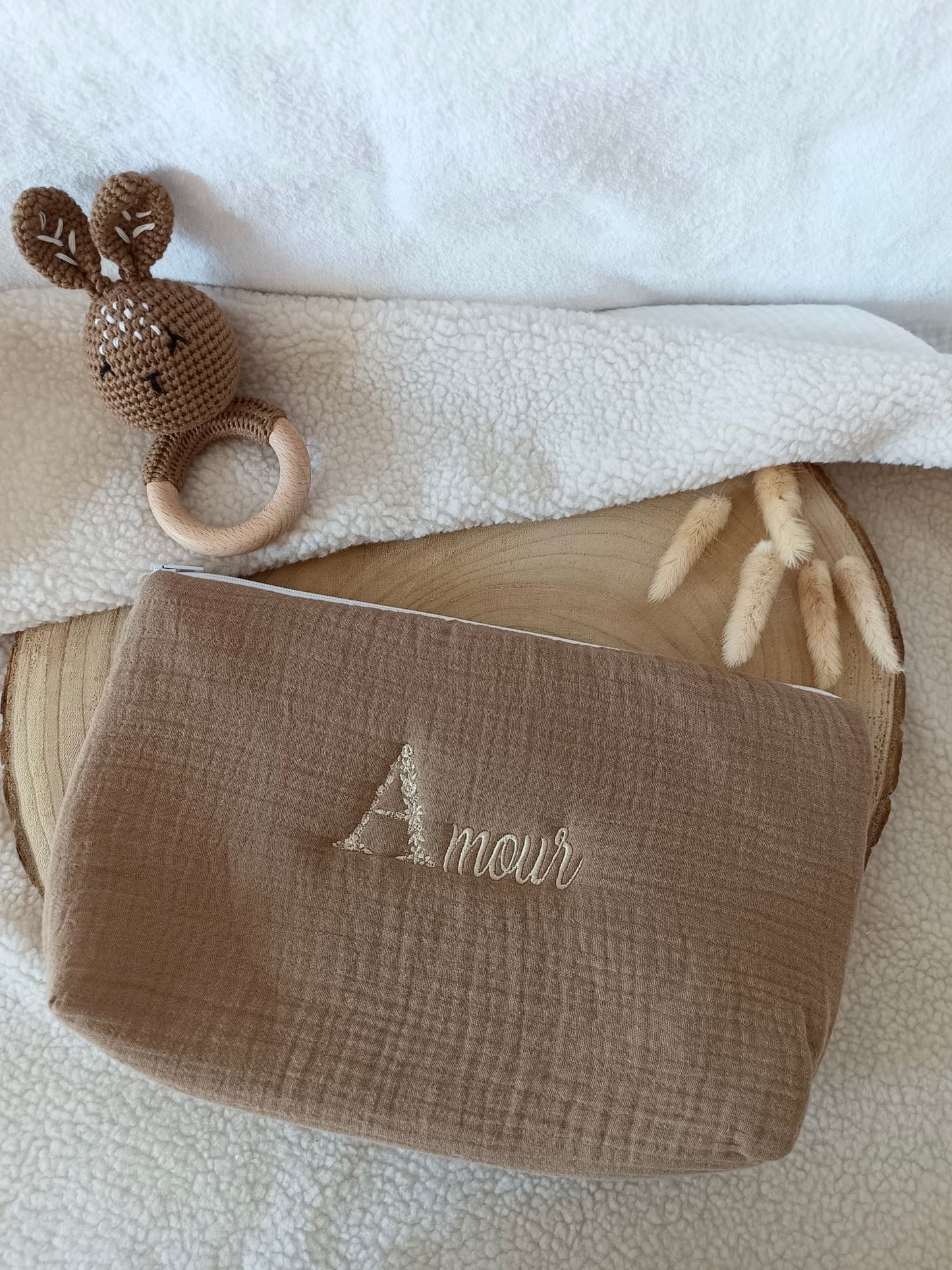 Trousse en gaze de coton marron - personnalisable -