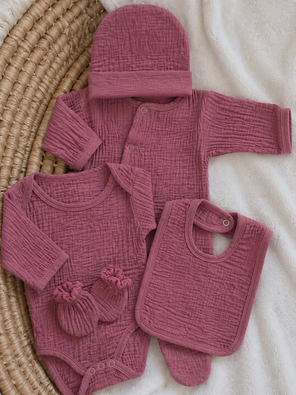 Pyjama naissance personnalisé bébé – 5 pièces en gaze de coton