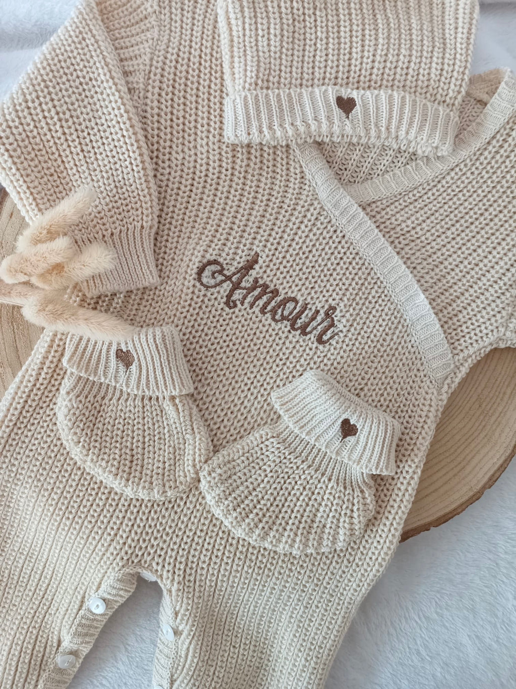 Combinaison maille beige, croisé, 0/3 mois, 3 pièces - personnalisable - 100% coton