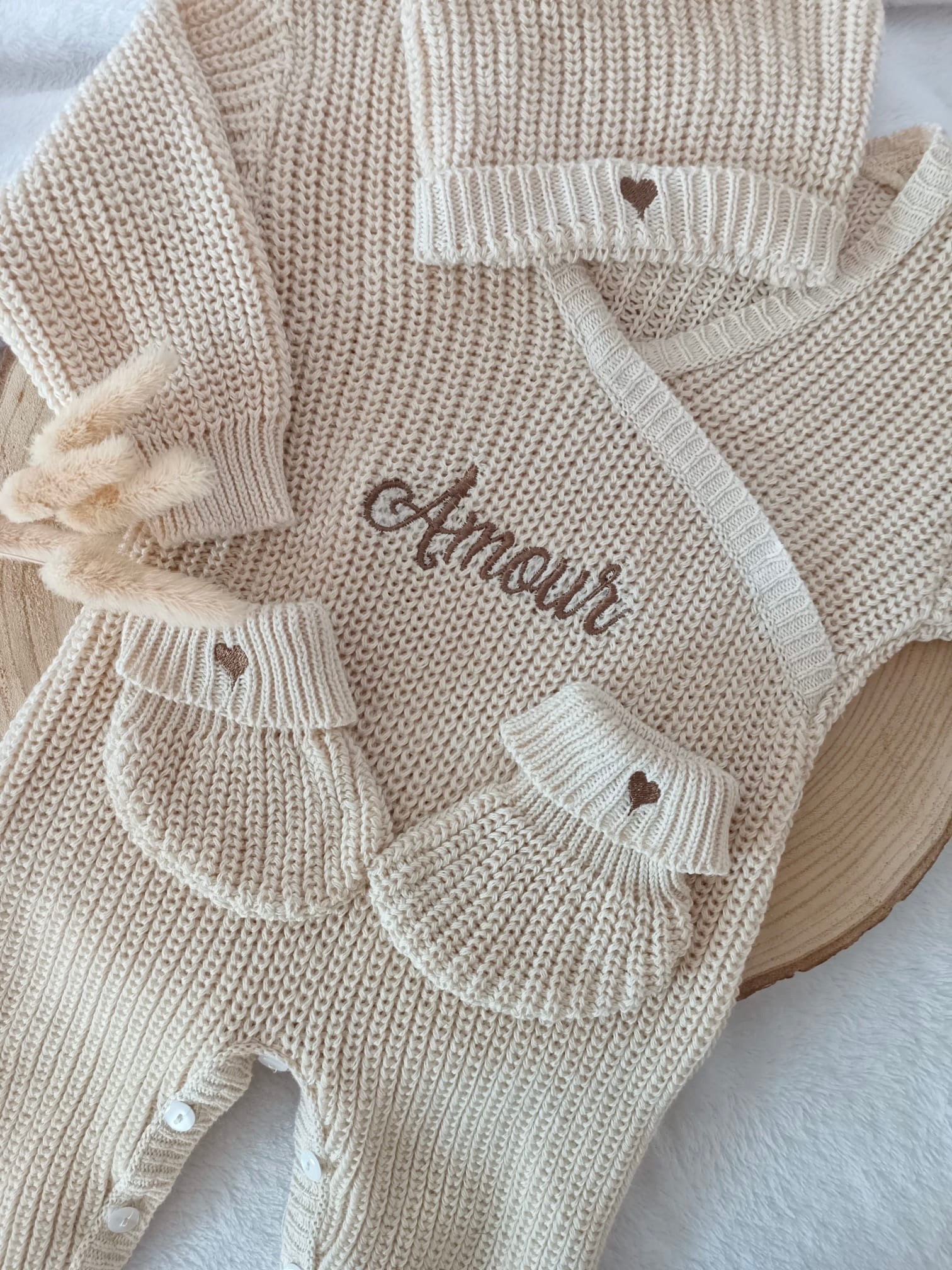 Combinaison maille beige, croisé, 0/3 mois, 3 pièces - personnalisable - 100% coton