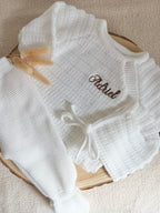 Ensemble naissance maille blanc à boutons blanc 0/3 mois - personnalisable -