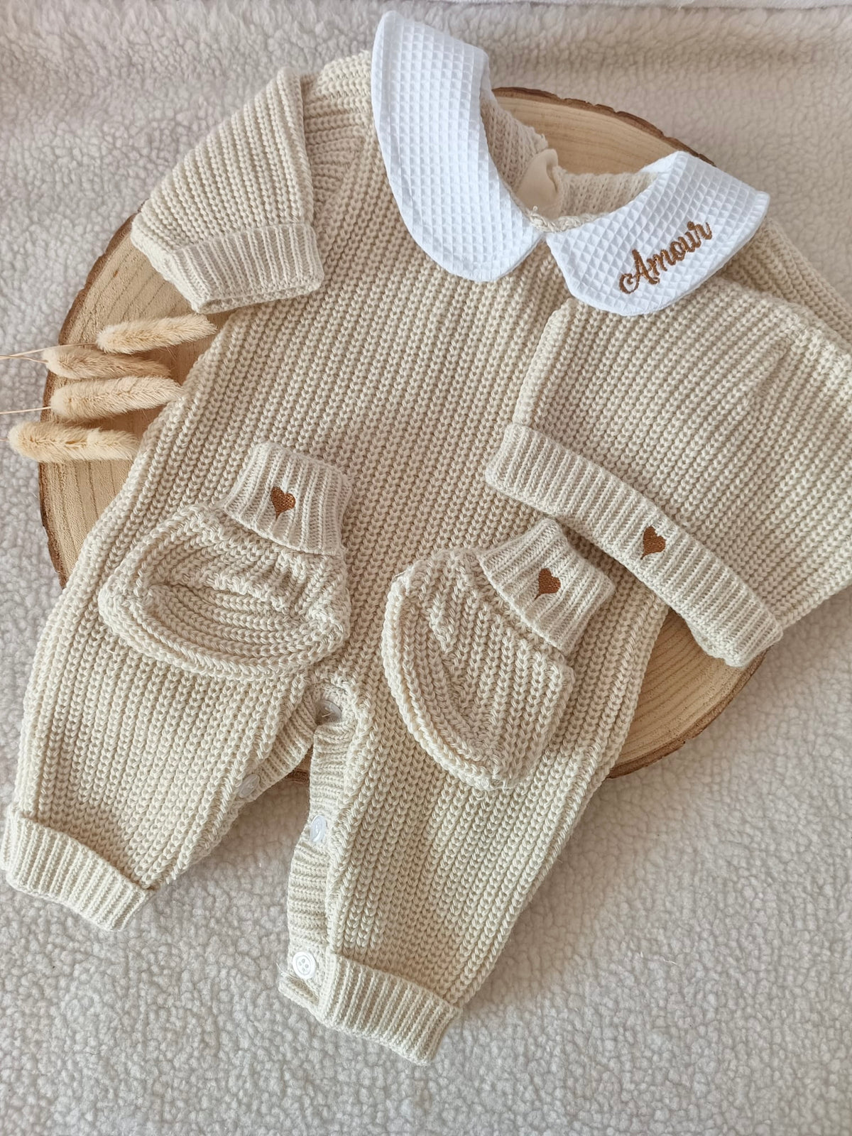 Combinaison maille beige, avec col, 0/3 mois, 3 pièces - personnalisable -