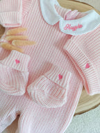 Combinaison maille rose avec col blanc - 0/3 mois - personnalisable