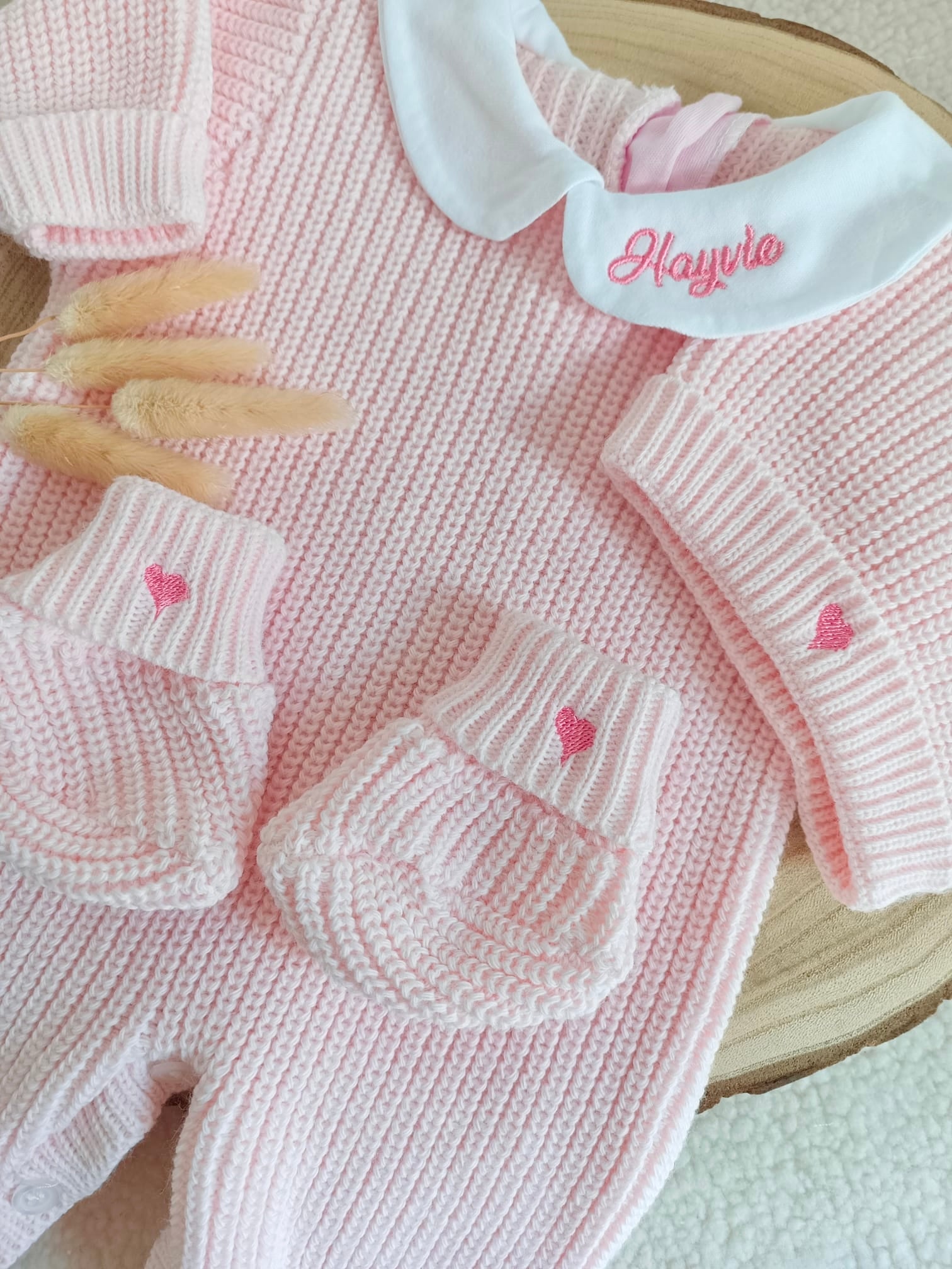 Combinaison maille rose avec col blanc - 0/3 mois - personnalisable