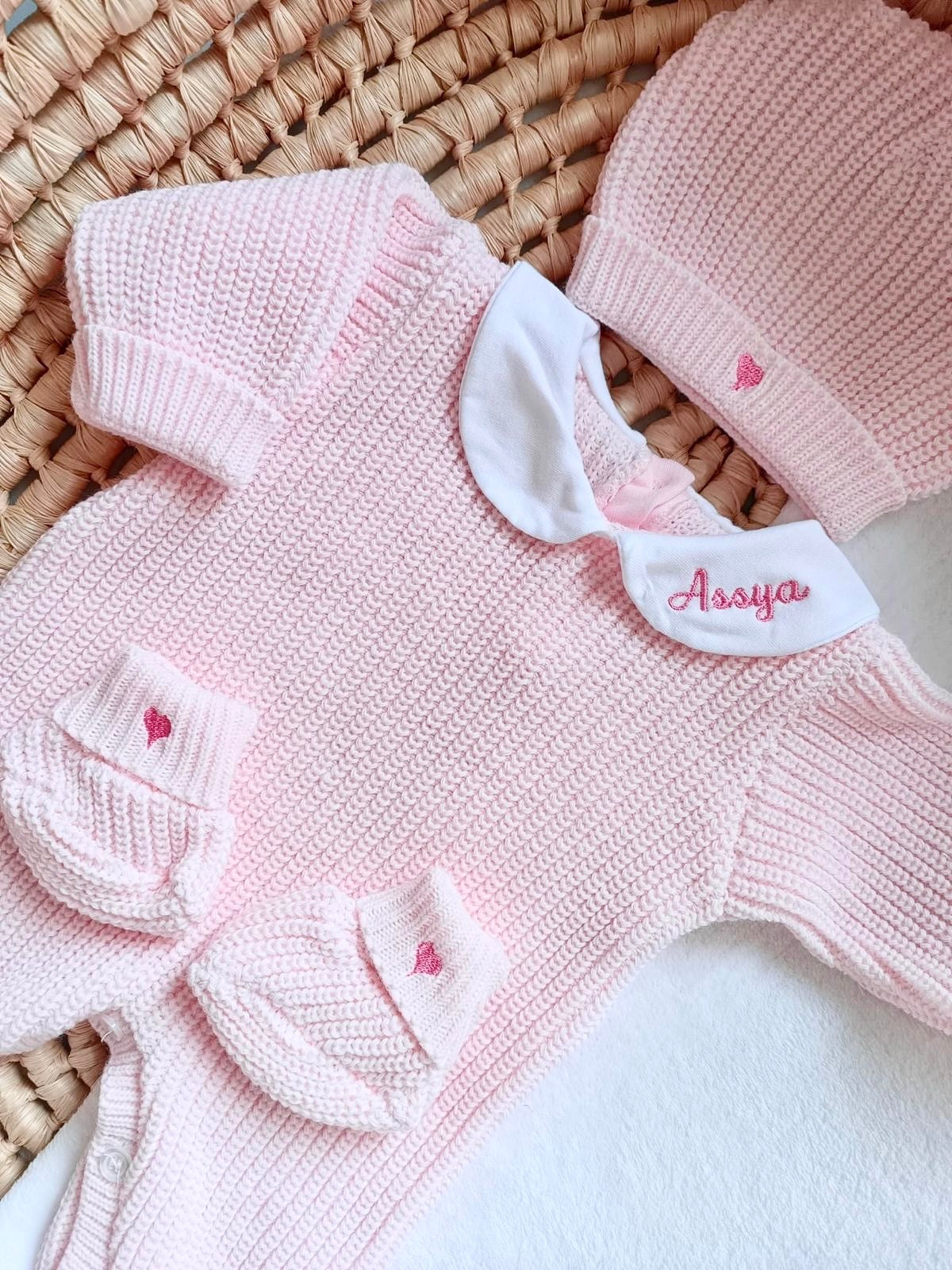 Combinaison maille rose avec col blanc - 0/3 mois - personnalisable