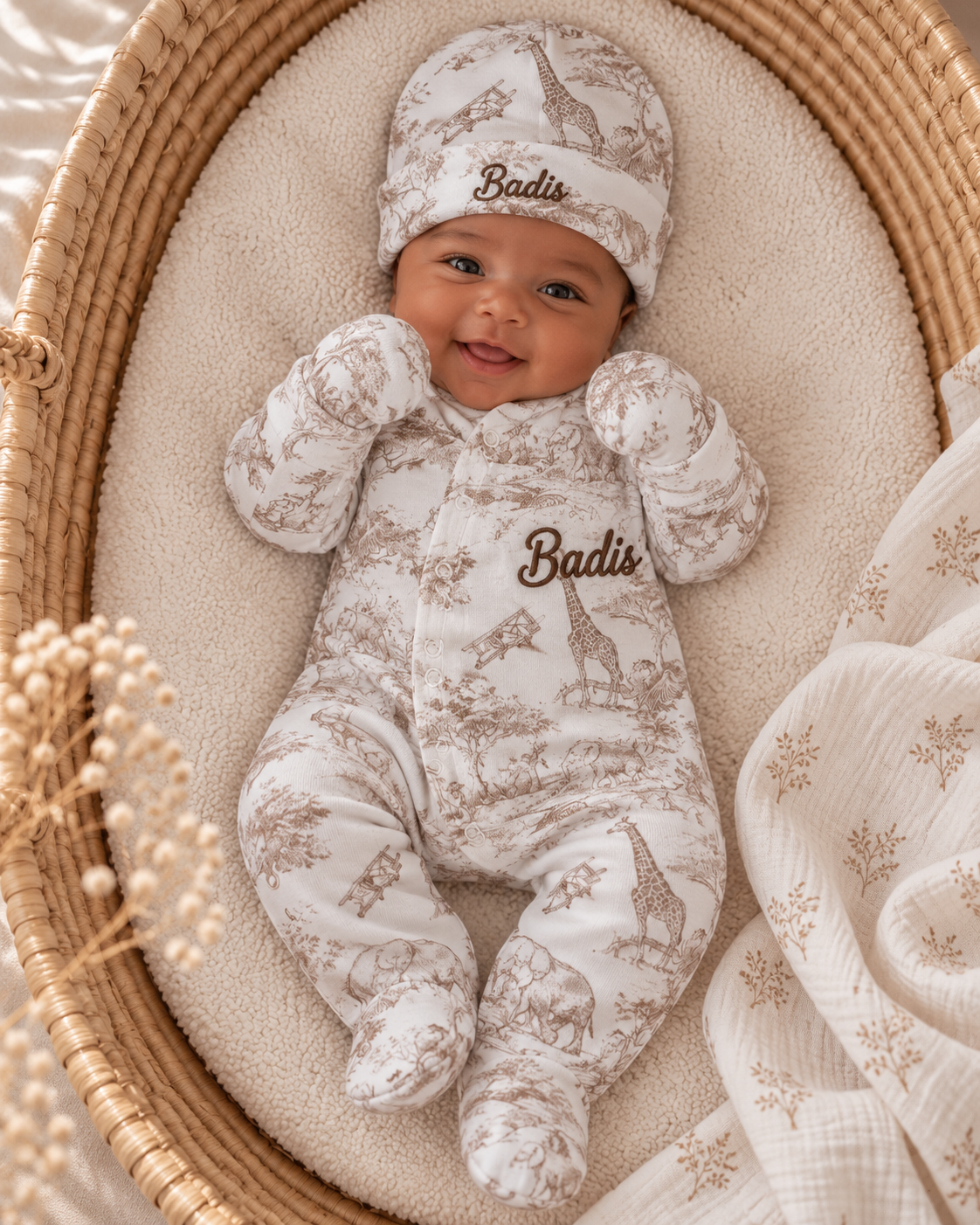 Pyjama naissance personnalisé bébé – 3 pièces en velours, Collection Safari