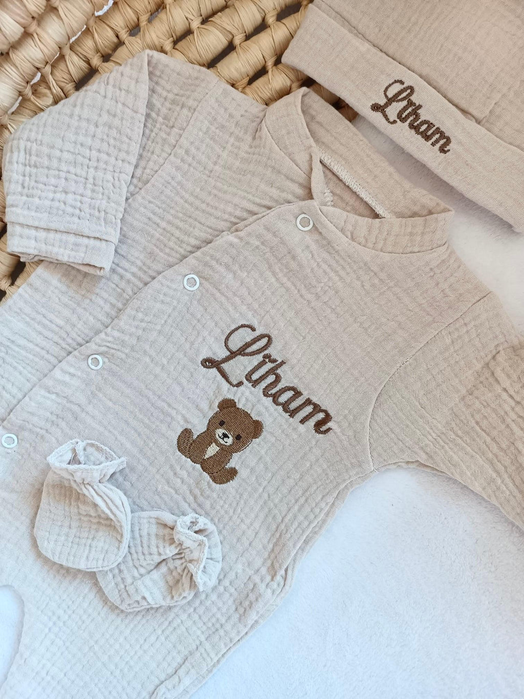 Pyjama naissance personnalisé en gaze de coton – ensemble 3 pièces