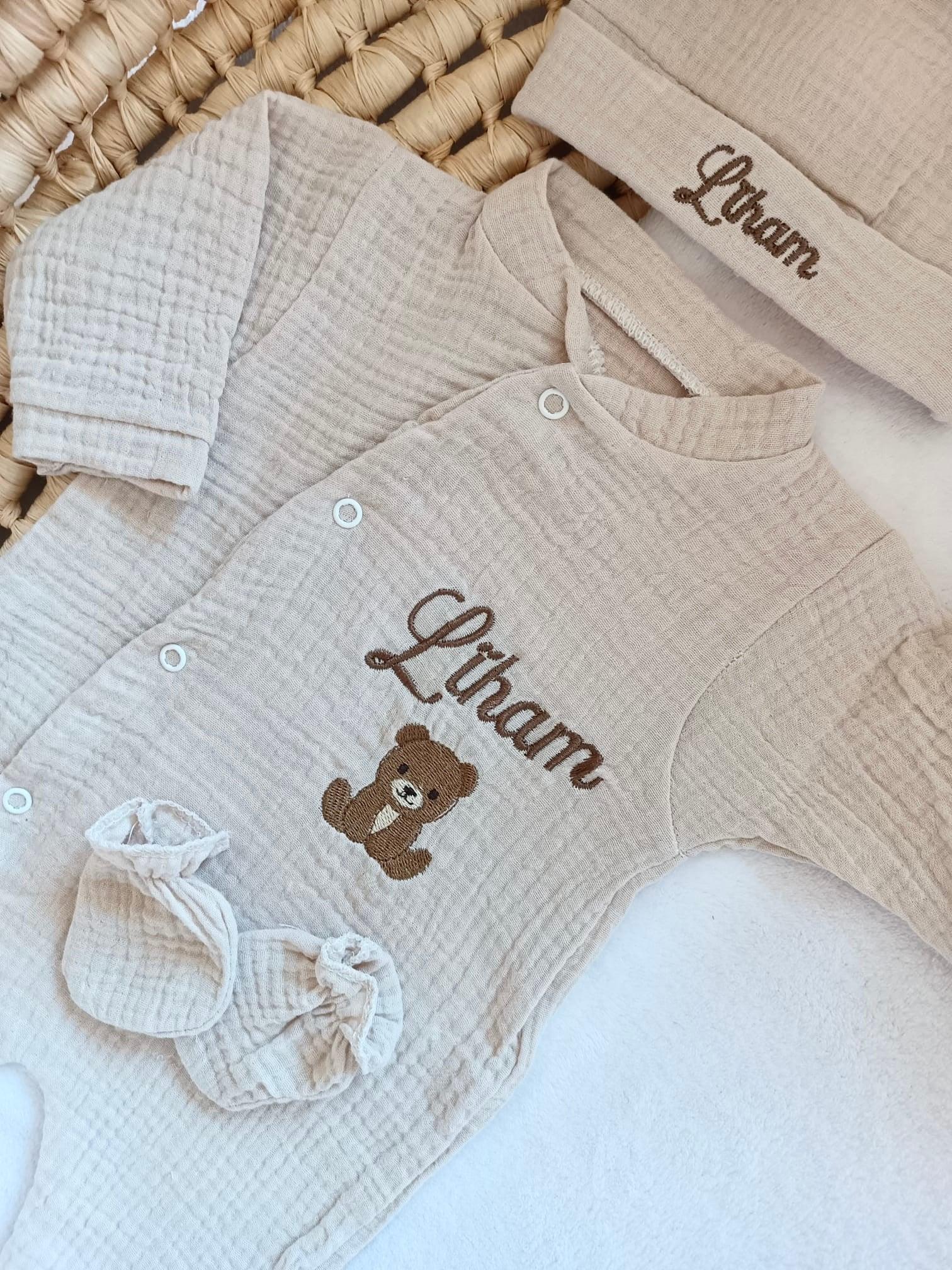 Pyjama naissance personnalisé en gaze de coton – ensemble 3 pièces