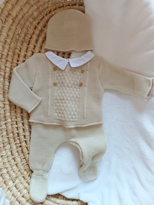 Ensemble complet naissance beige avec détails boutons 0/3 mois