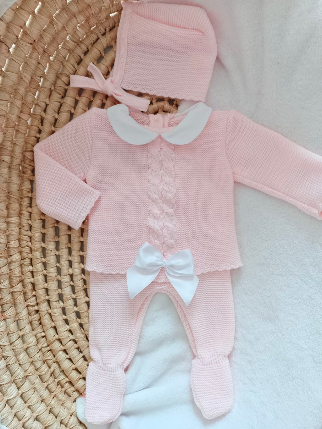 Ensemble complet rose torsade avec noeud satiné blanc 0/3 mois