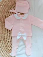 Ensemble complet rose torsade avec noeud satiné blanc 0/3 mois
