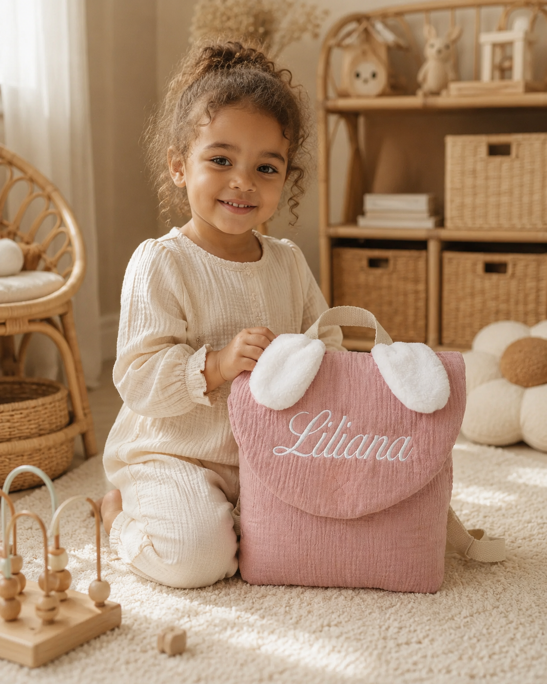 Sac à dos personnalisé enfant en gaze de coton – Oreilles de lapin