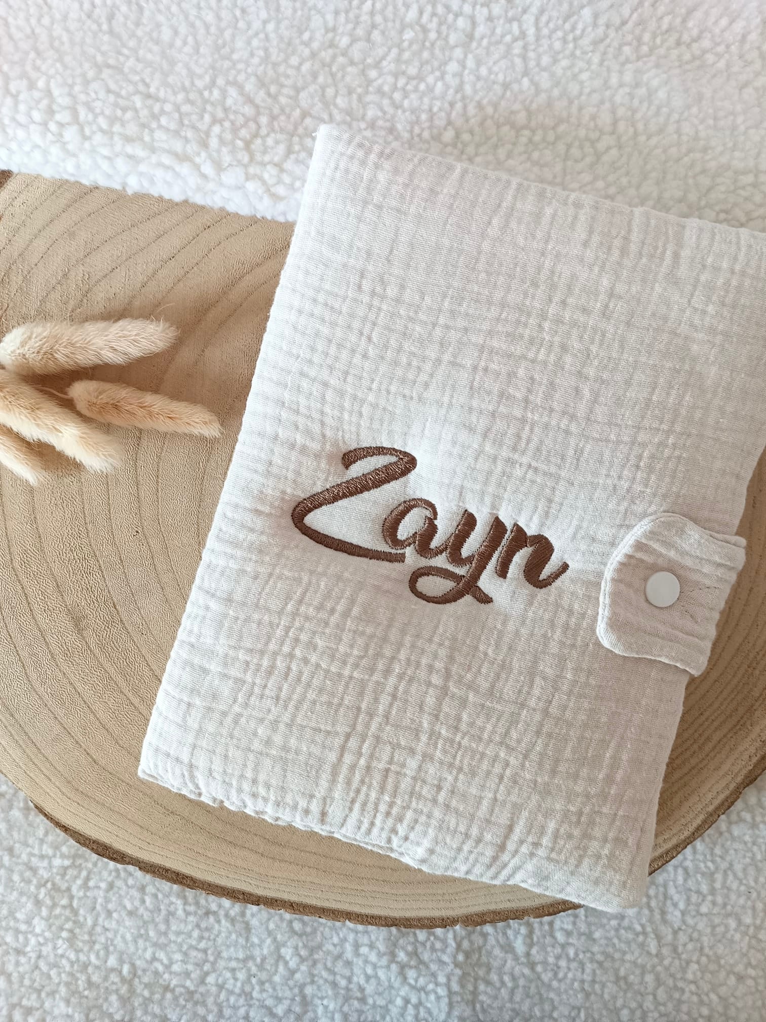 Protège carnet de santé en gaze de coton beige - personnalisable -