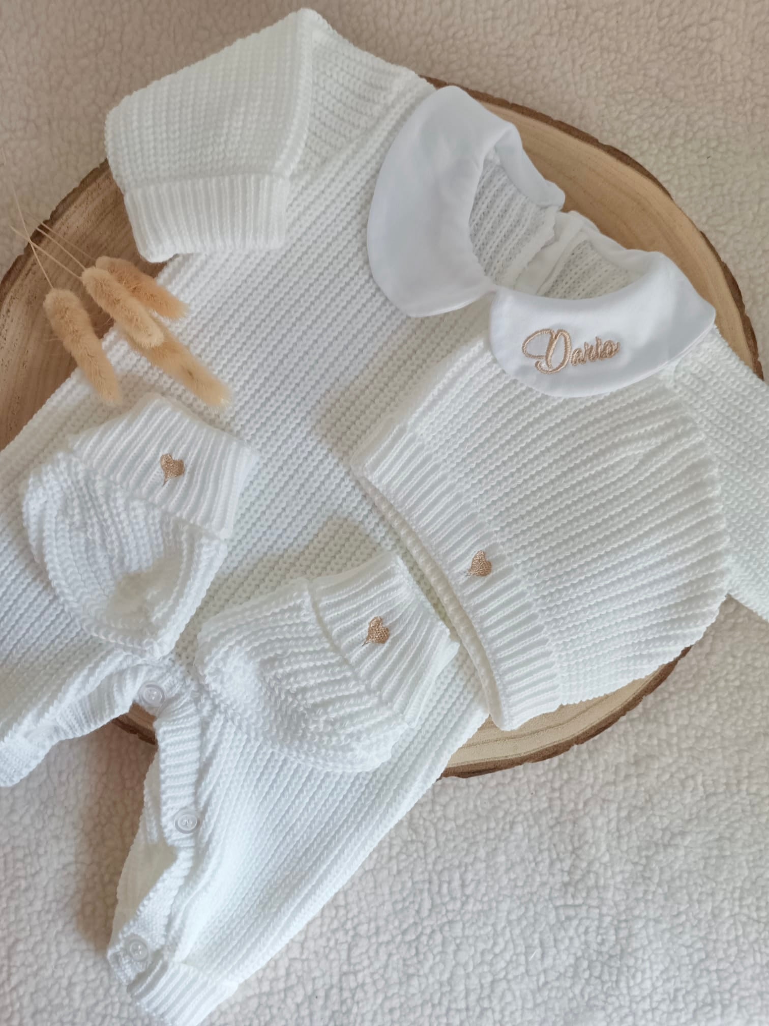 Combinaison maille blanc avec col blanc - 0/3 mois - personnalisable