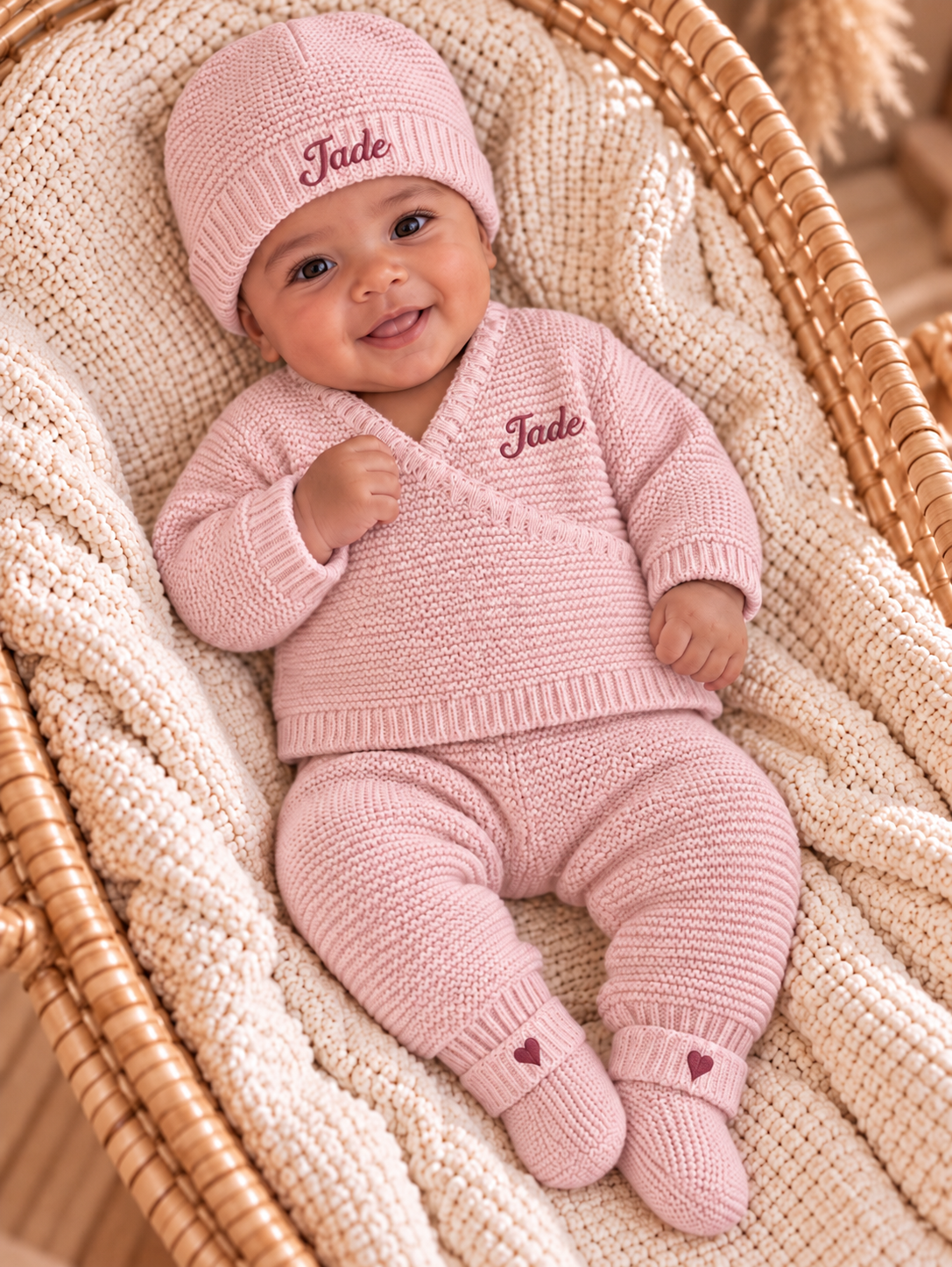 Tenue de naissance personnalisée 4 pièces en maille – Bébé 0-3 mois