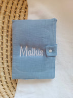 Protège carnet de santé en gaze de coton bleu denim - personnalisable -