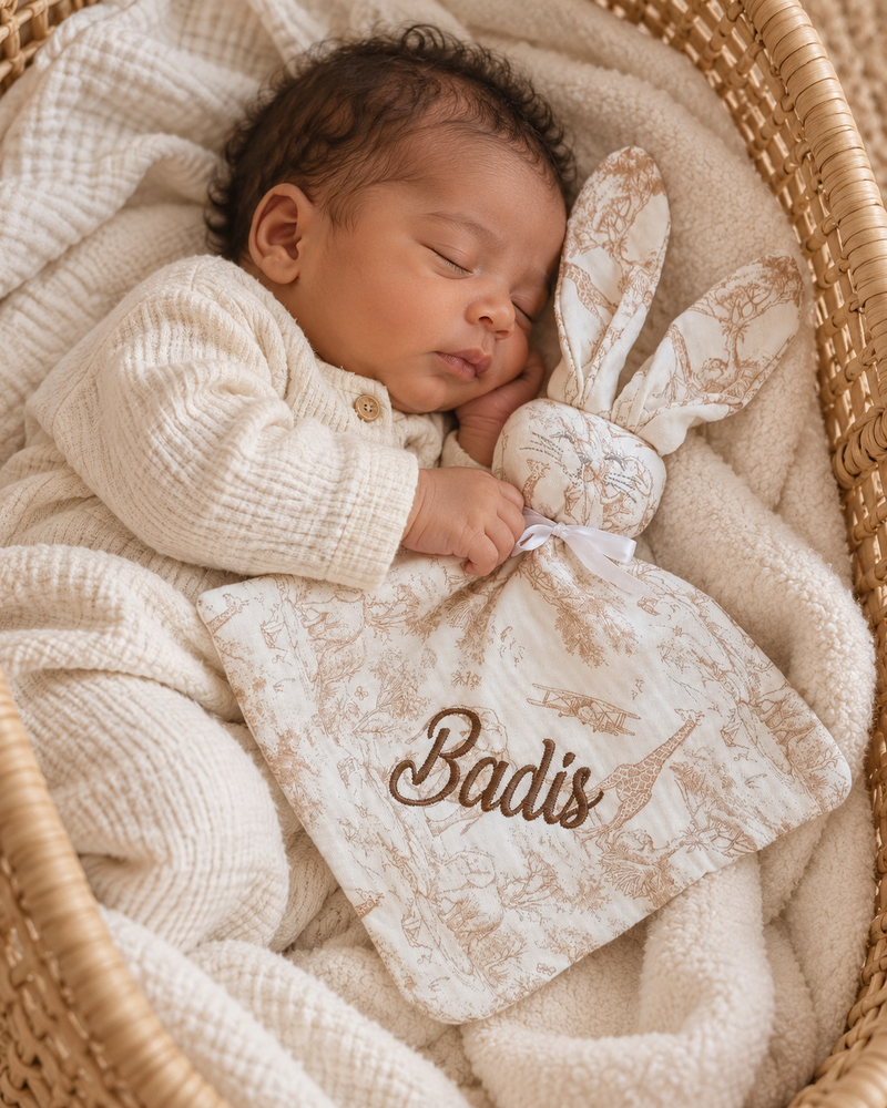 Doudou personnalisé bébé en gaze de coton – Collection Safari