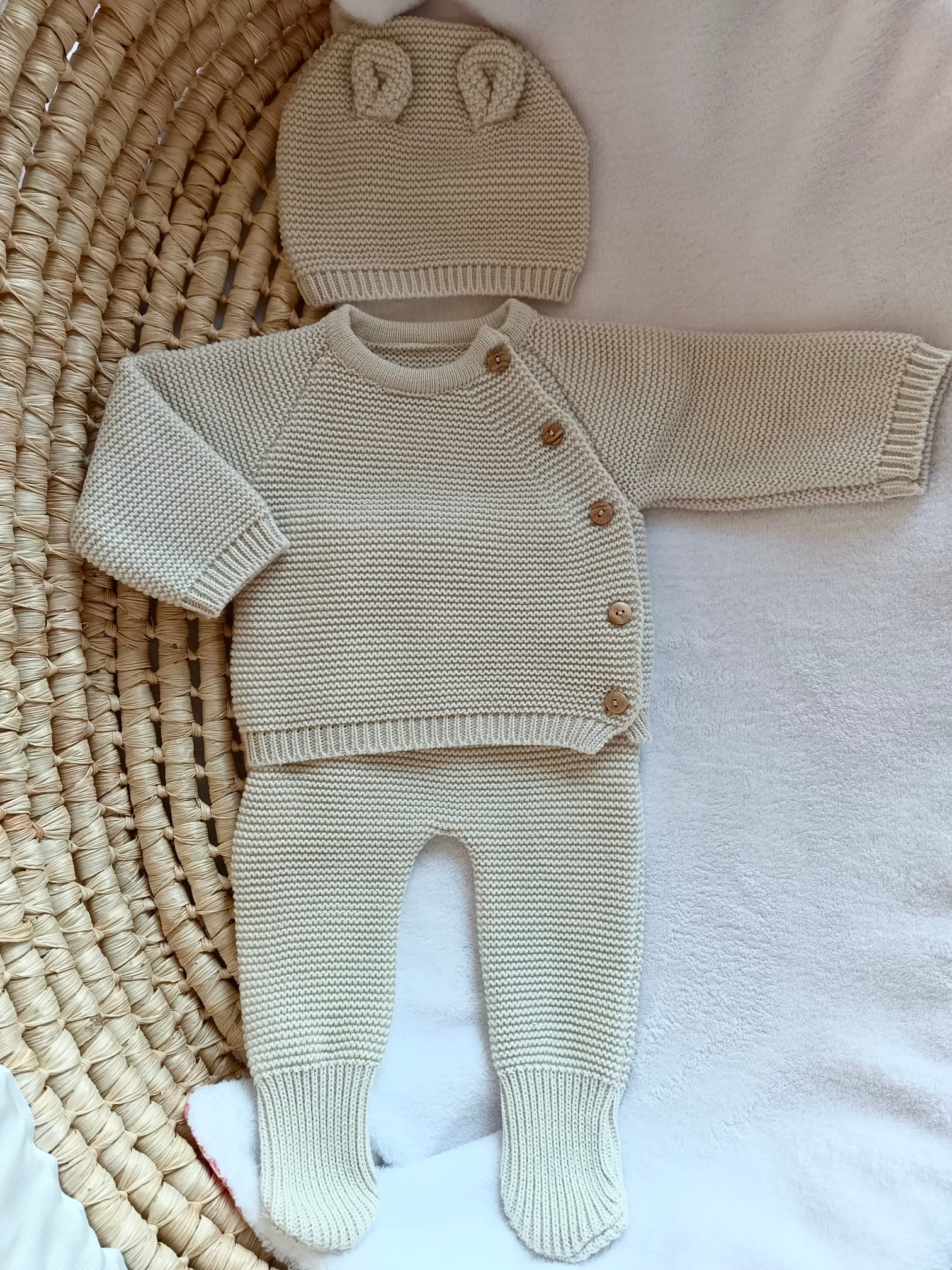 Tenue naissance beige 0/3 mois - oreilles ours - personnalisable - NOUVEAU MODEL AVEC BONNET OREILLES OURS
