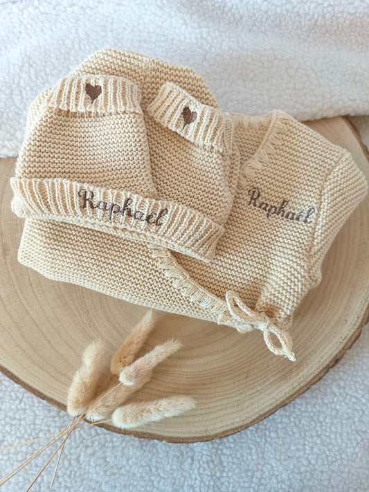 Tenue naissance 0/3 mois en maille beige foncé - personnalisable