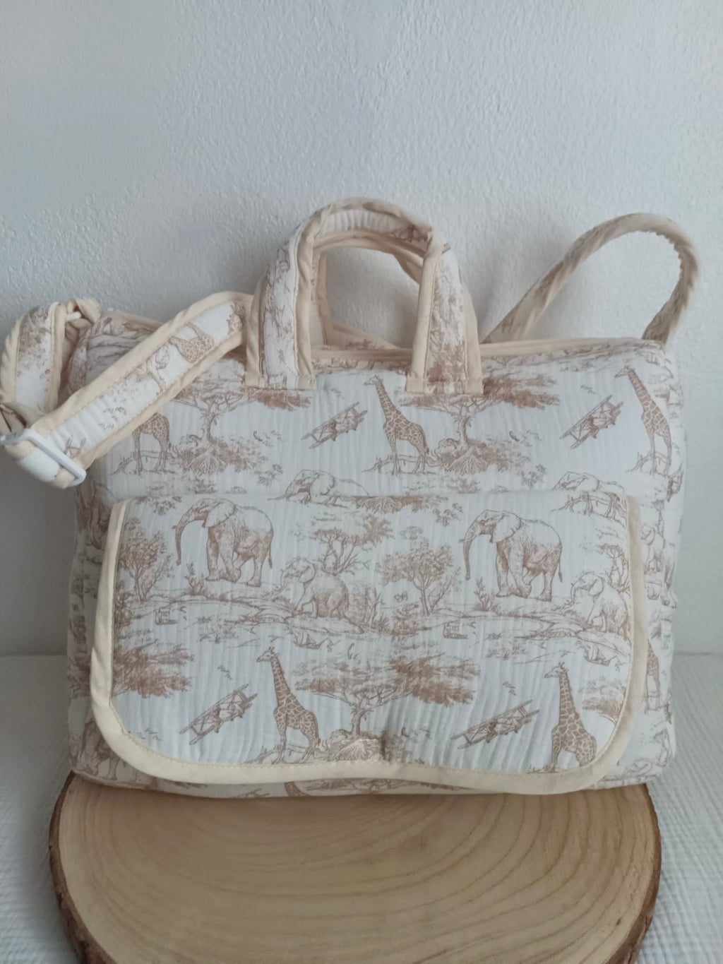 Sac à langer en gaze de coton safari tons beige- personnalisable -