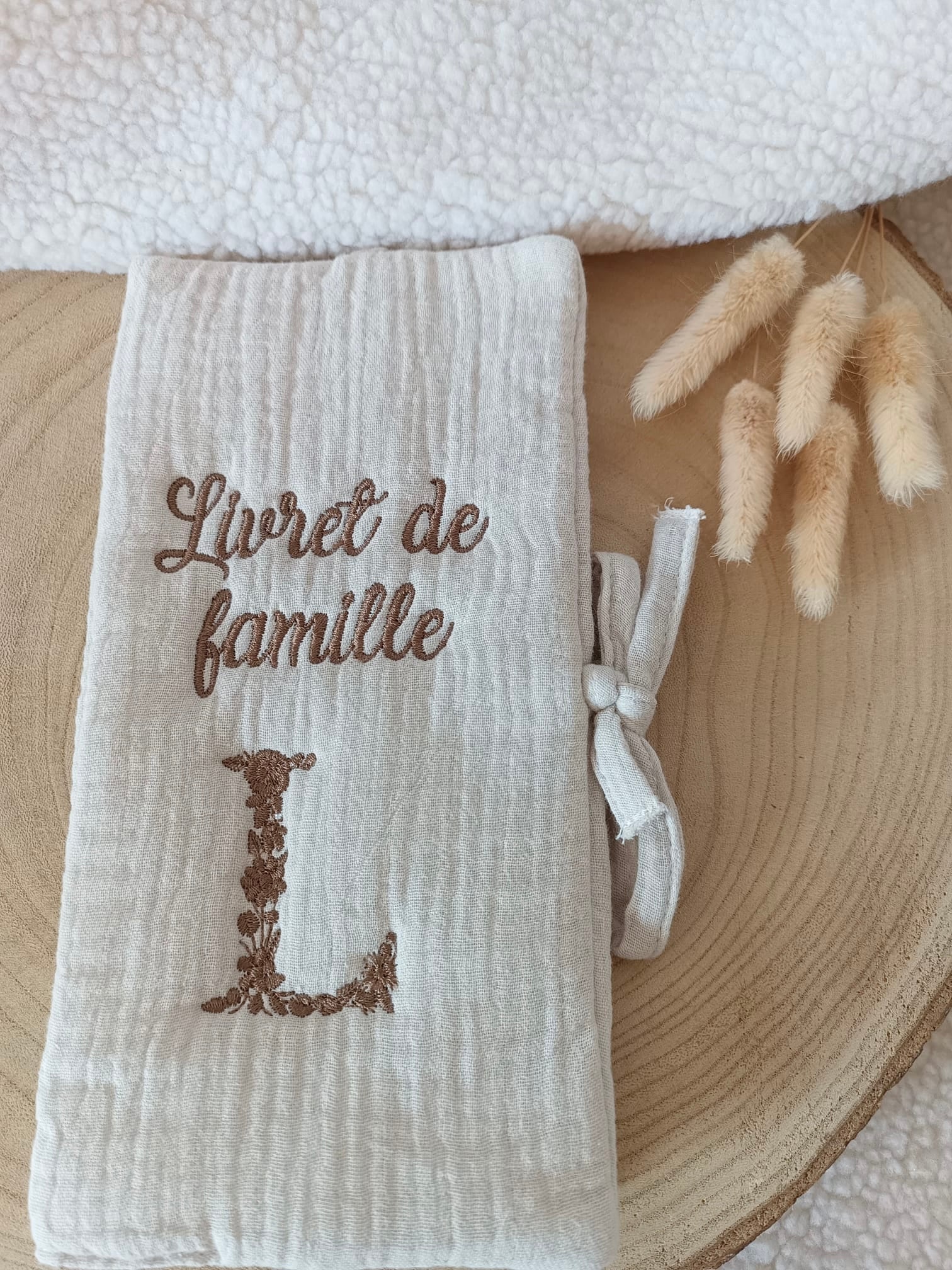Protège livret de famille en gaze de coton beige - personnalisable -