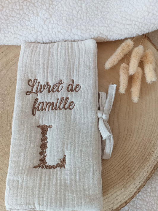 Protège livret de famille en gaze de coton beige - personnalisable -