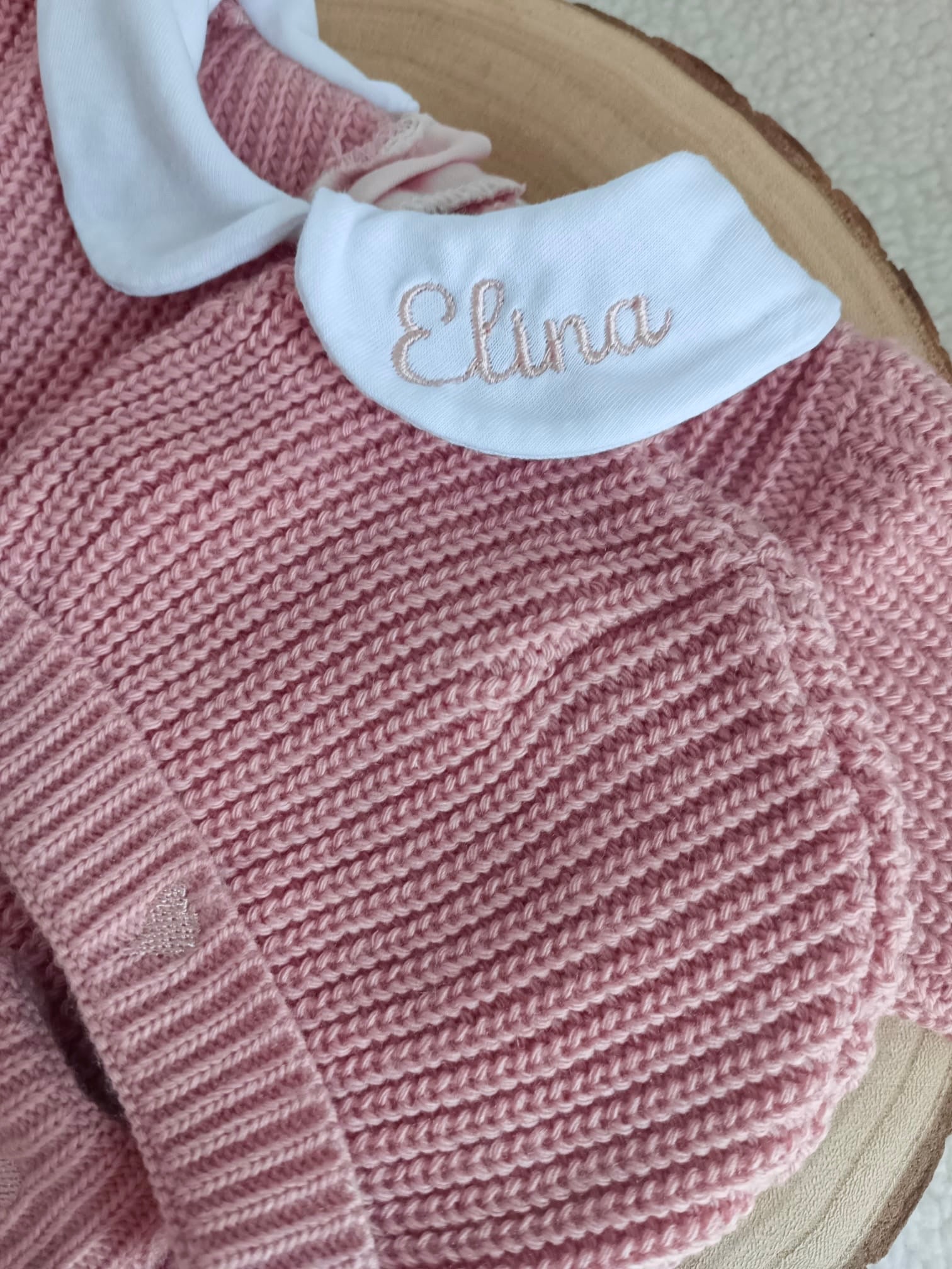Combinaison maille vieux rose avec col blanc - 0/3 mois - personnalisable