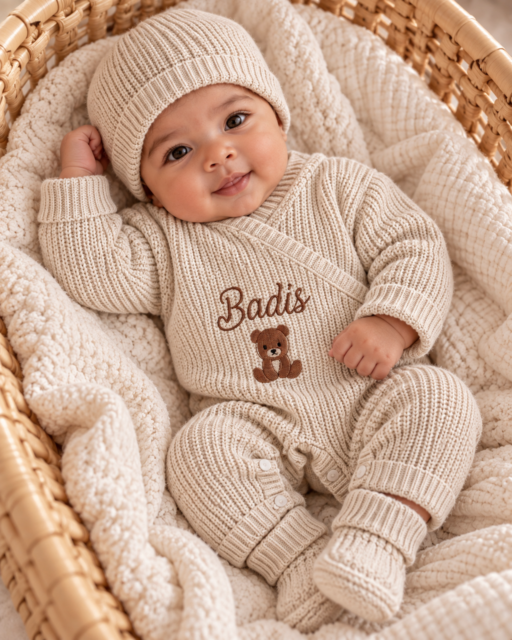 Combinaison naissance personnalisée en maille croisée – ensemble 3 pièces