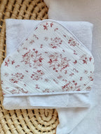 Cape de bain en gaze de coton et polaire fleurs de coton tons bordeaux/framboise