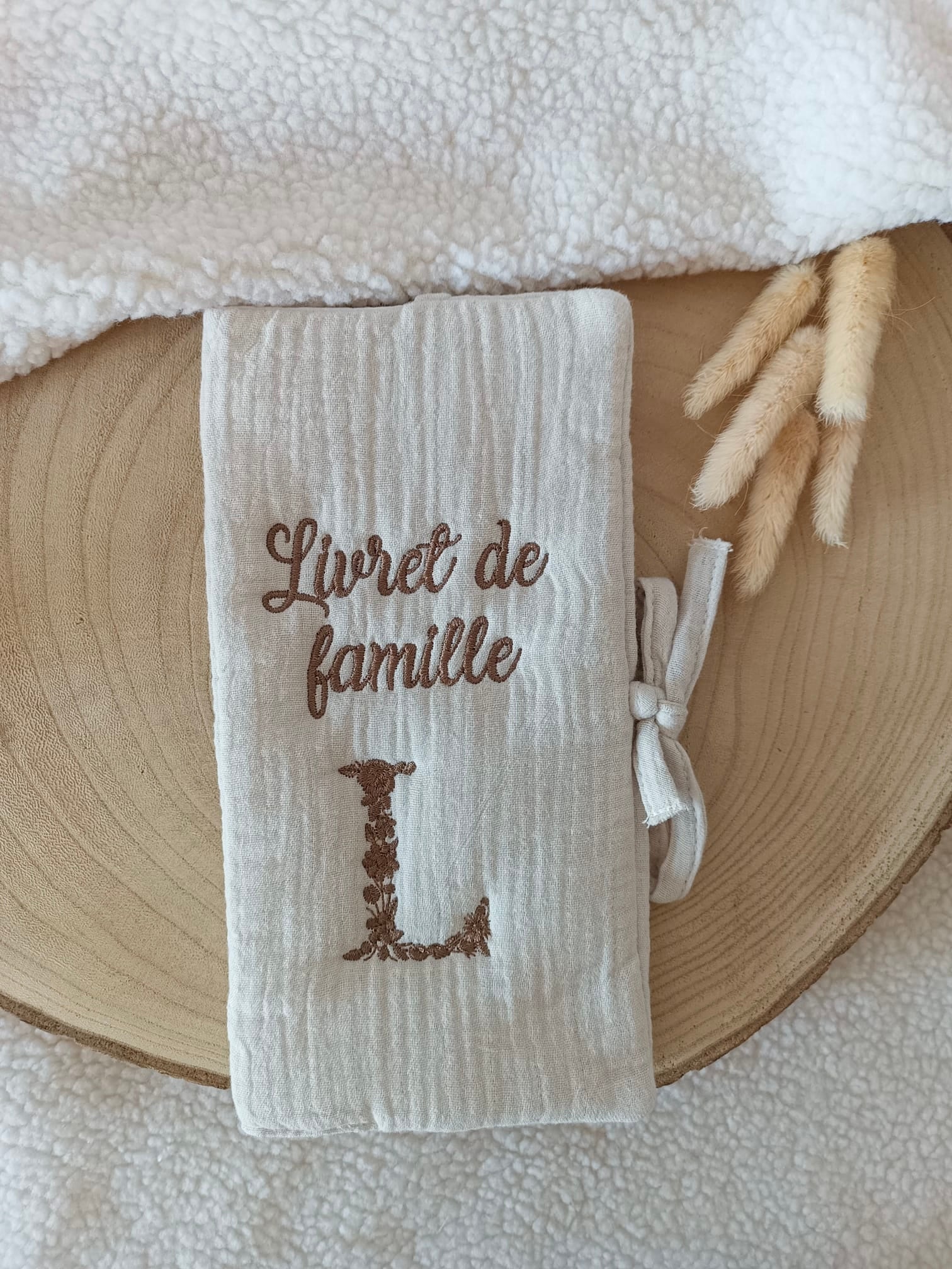 Protège livret de famille en gaze de coton beige - personnalisable -