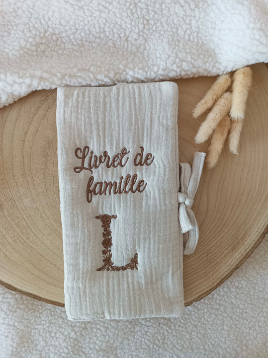 Protège livret de famille en gaze de coton beige - personnalisable -