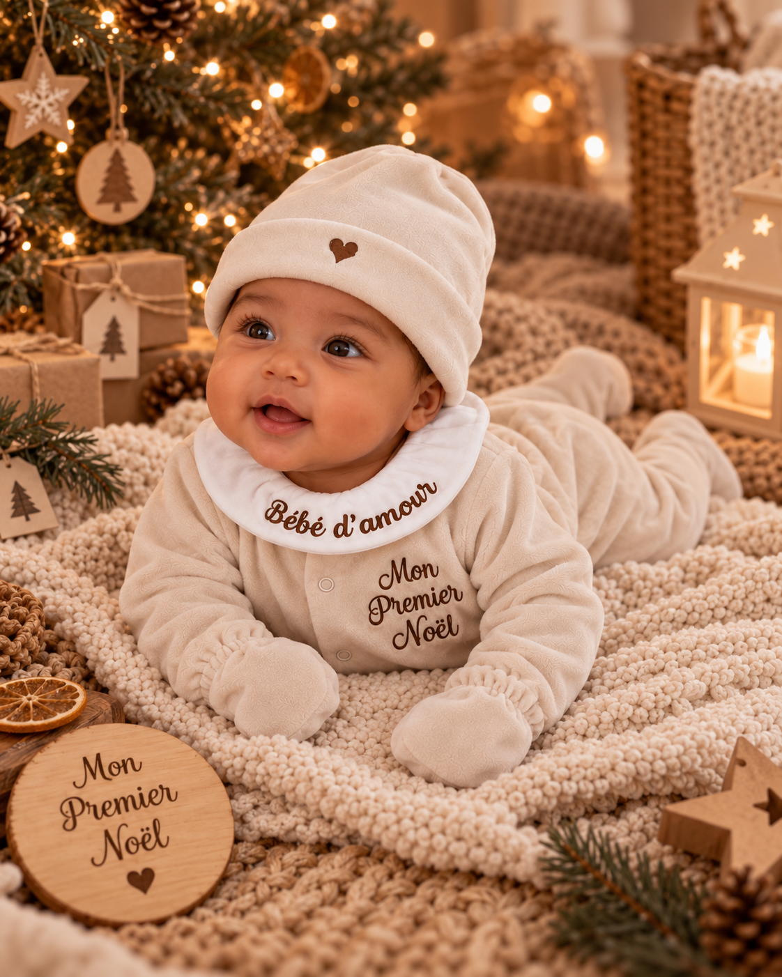 Ensemble bébé Mon Premier Noel brodé - 4 pièces en velours - 0/3 mois