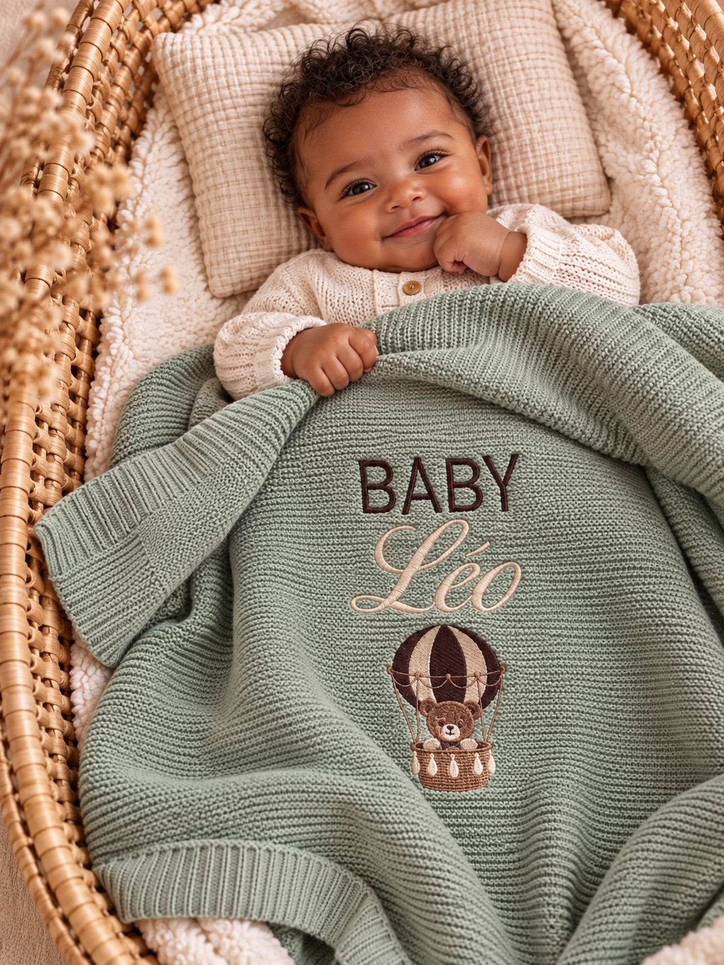 Couverture bébé personnalisée – Baby, prénom & montgolfière