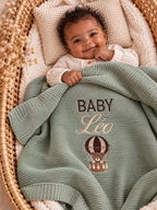 Couverture bébé personnalisée – Baby, prénom & montgolfière