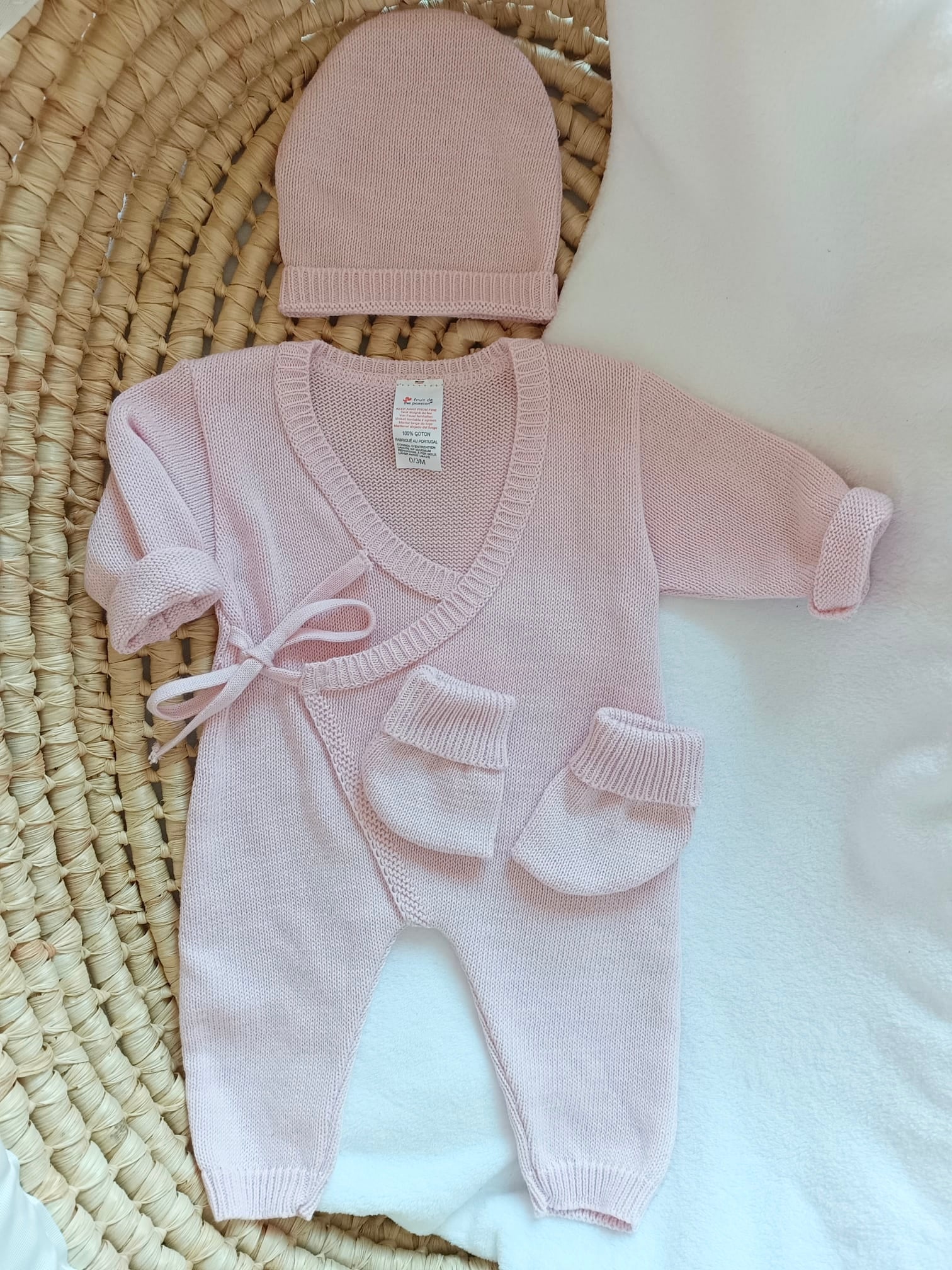 Combinaison rose 100% coton, 3 pièces, 0/3 mois - personnalisable -