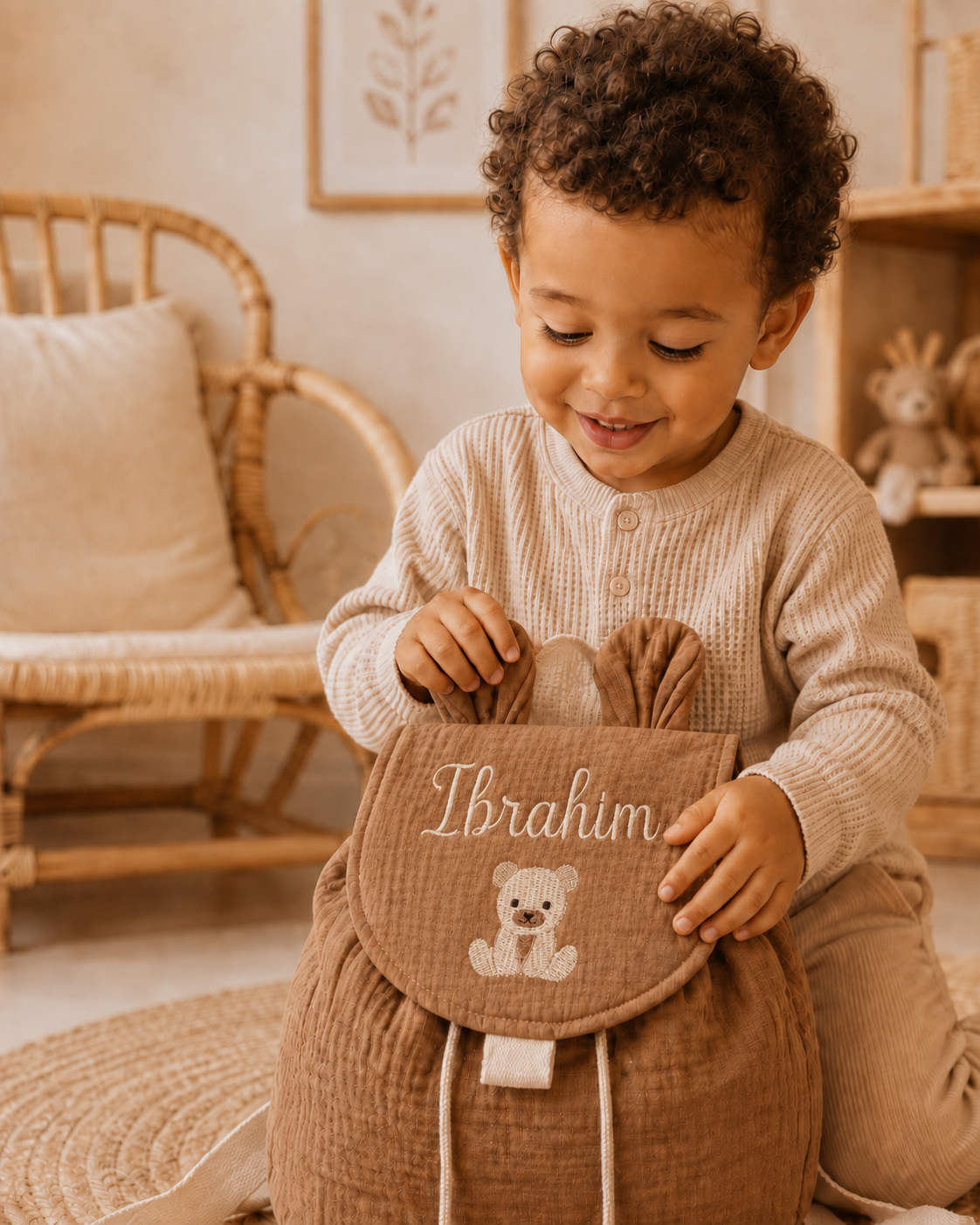 Sac à dos personnalisé enfant en gaze de coton – Oreilles d’ourson