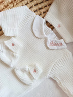 Combinaison maille blanc avec col blanc - 0/3 mois 3/6 mois et 9/12 mois - personnalisable