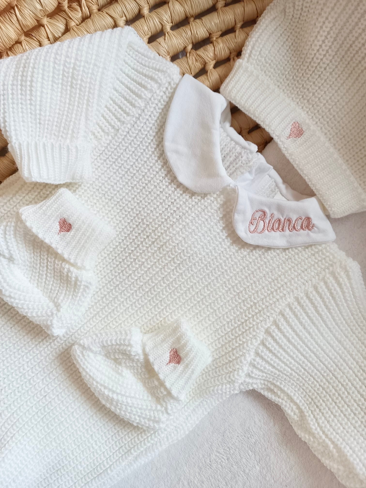 Combinaison maille blanc avec col blanc - 0/3 mois 3/6 mois et 9/12 mois - personnalisable